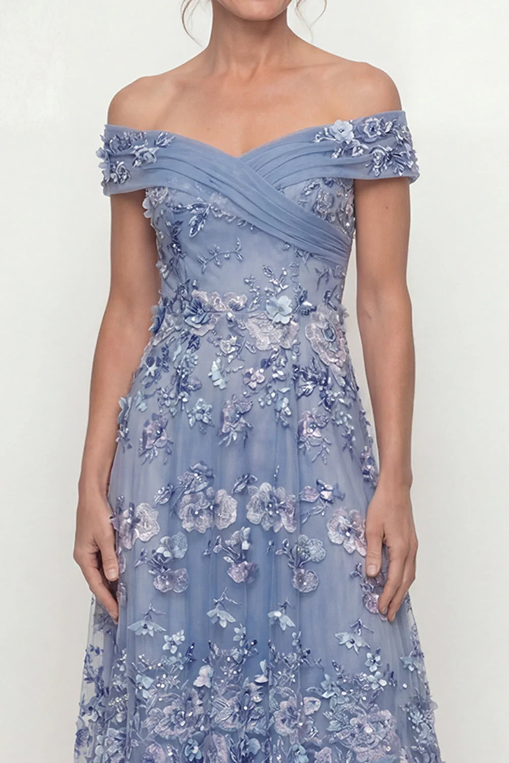 Off The Shoulder Dusty Blue A Line Embroidered Long Mother of the Bride Dress - Image 3