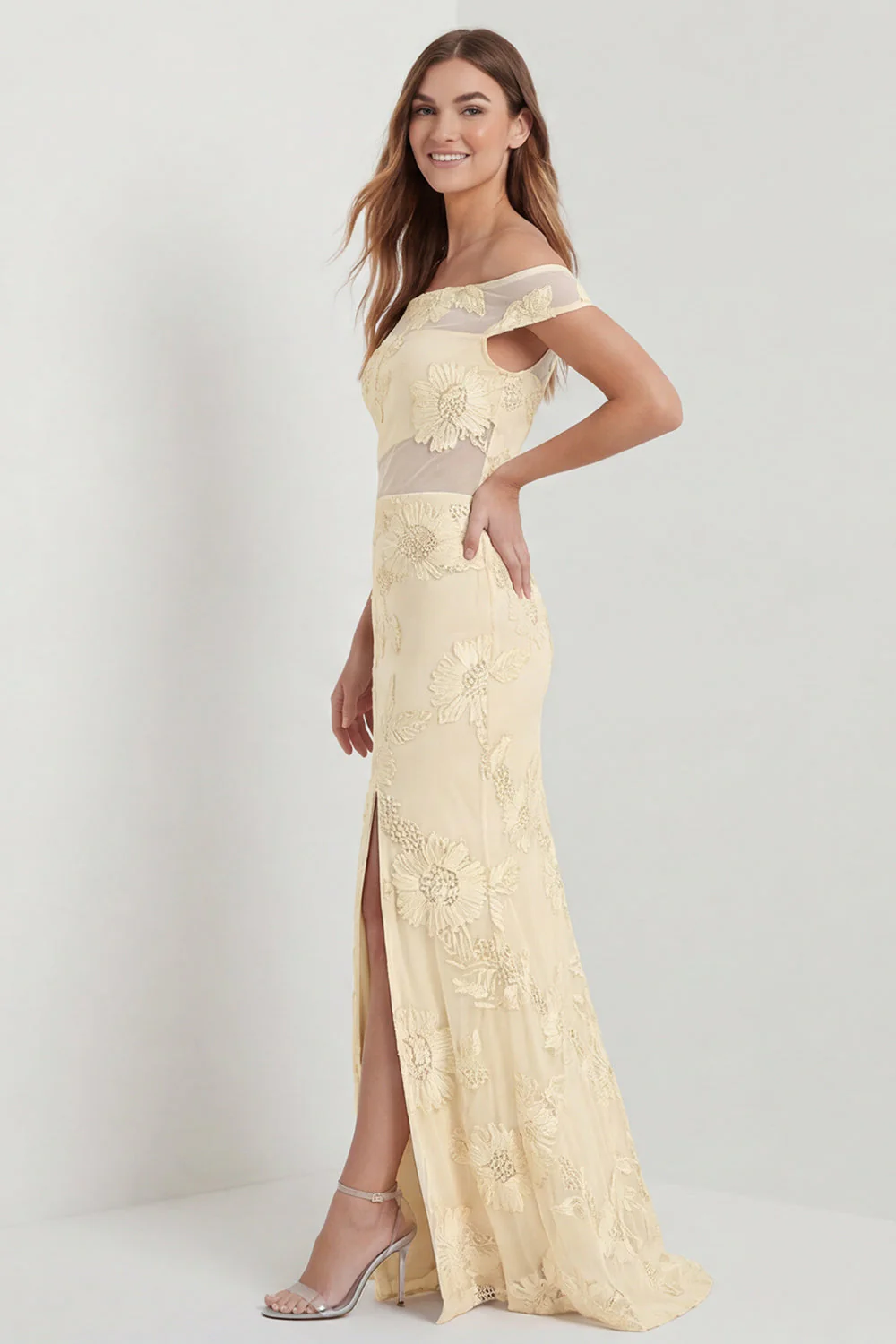 Off The Shoulder Embroidered Sheath Daffodil Long Floral Dress with Slit - Image 2