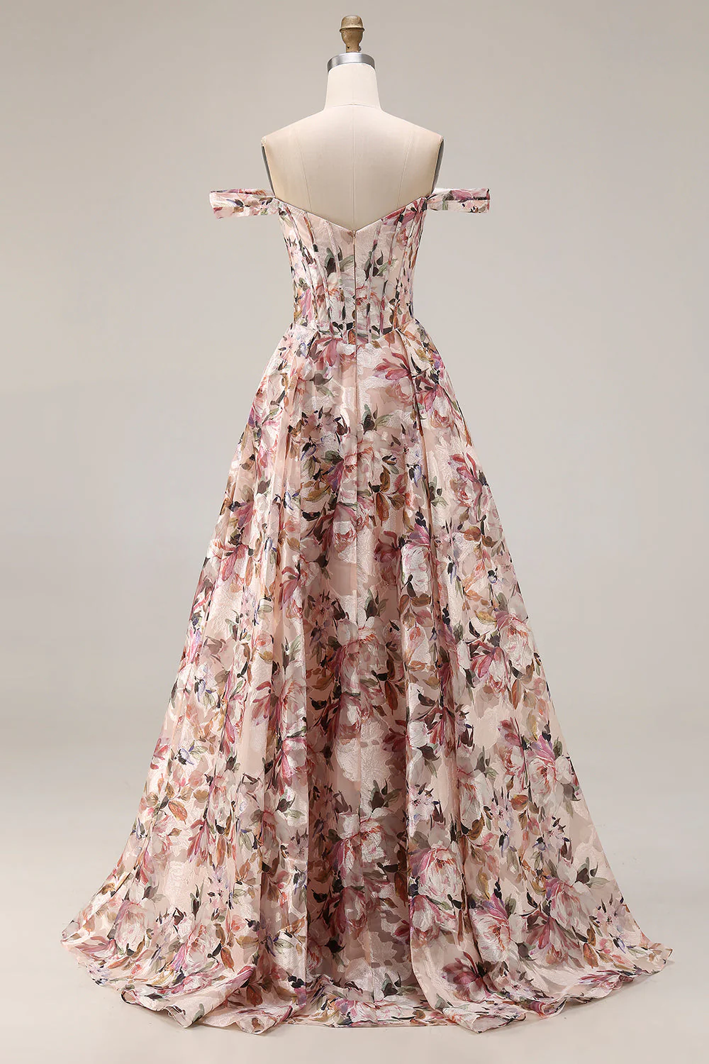 Off The Shoulder Floral A-Line Corset Desert Rose Long Prom Dress - Image 2