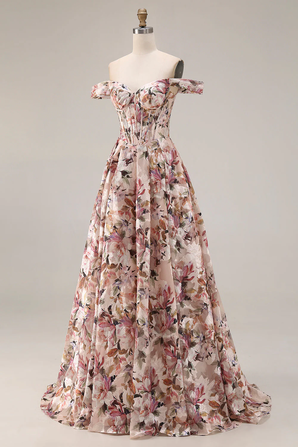 Off The Shoulder Floral A-Line Corset Desert Rose Long Prom Dress - Image 3