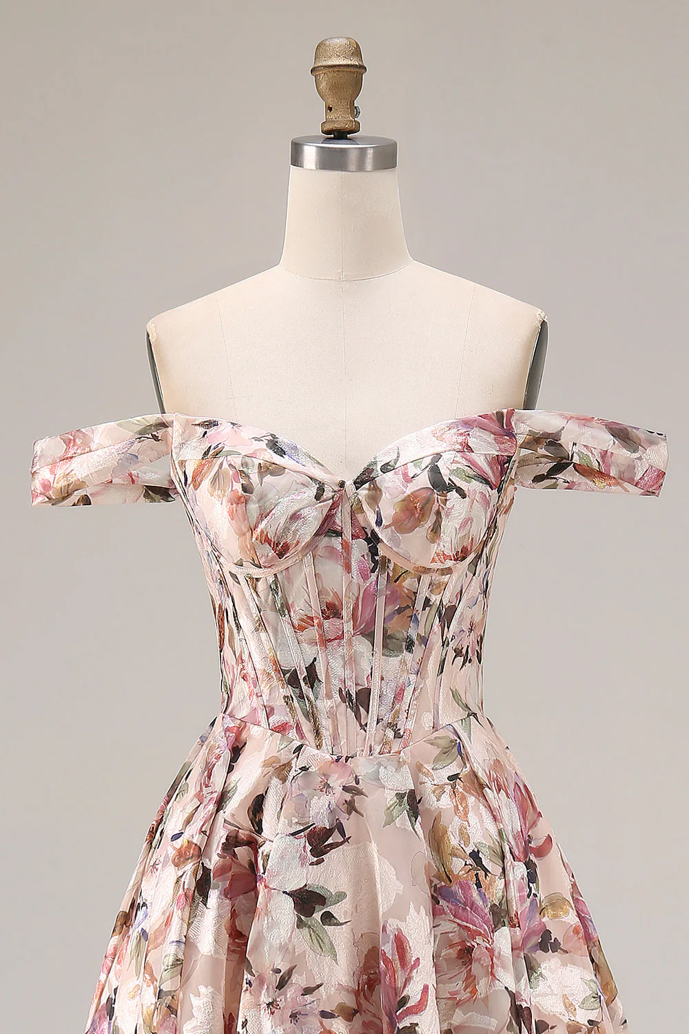 Off The Shoulder Floral A-Line Corset Desert Rose Long Prom Dress - Image 4