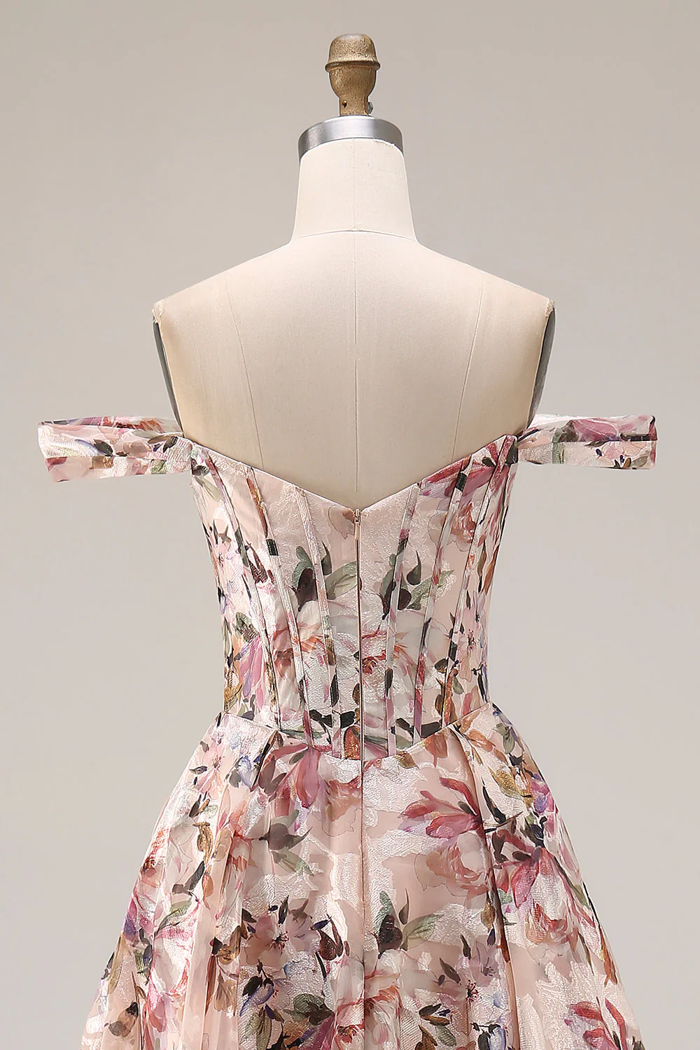 Off The Shoulder Floral A-Line Corset Desert Rose Long Prom Dress - Image 5
