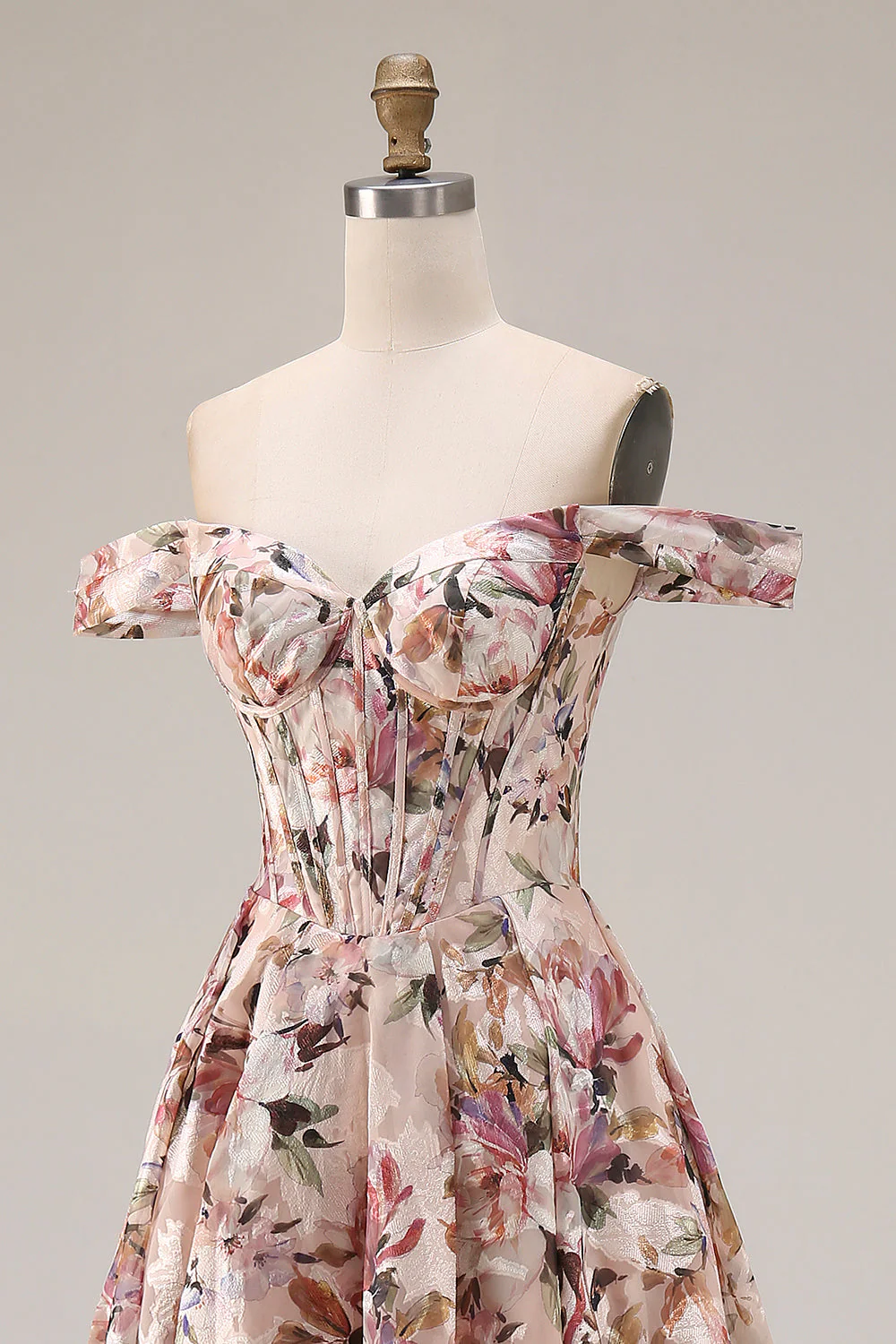 Off The Shoulder Floral A-Line Corset Desert Rose Long Prom Dress - Image 6