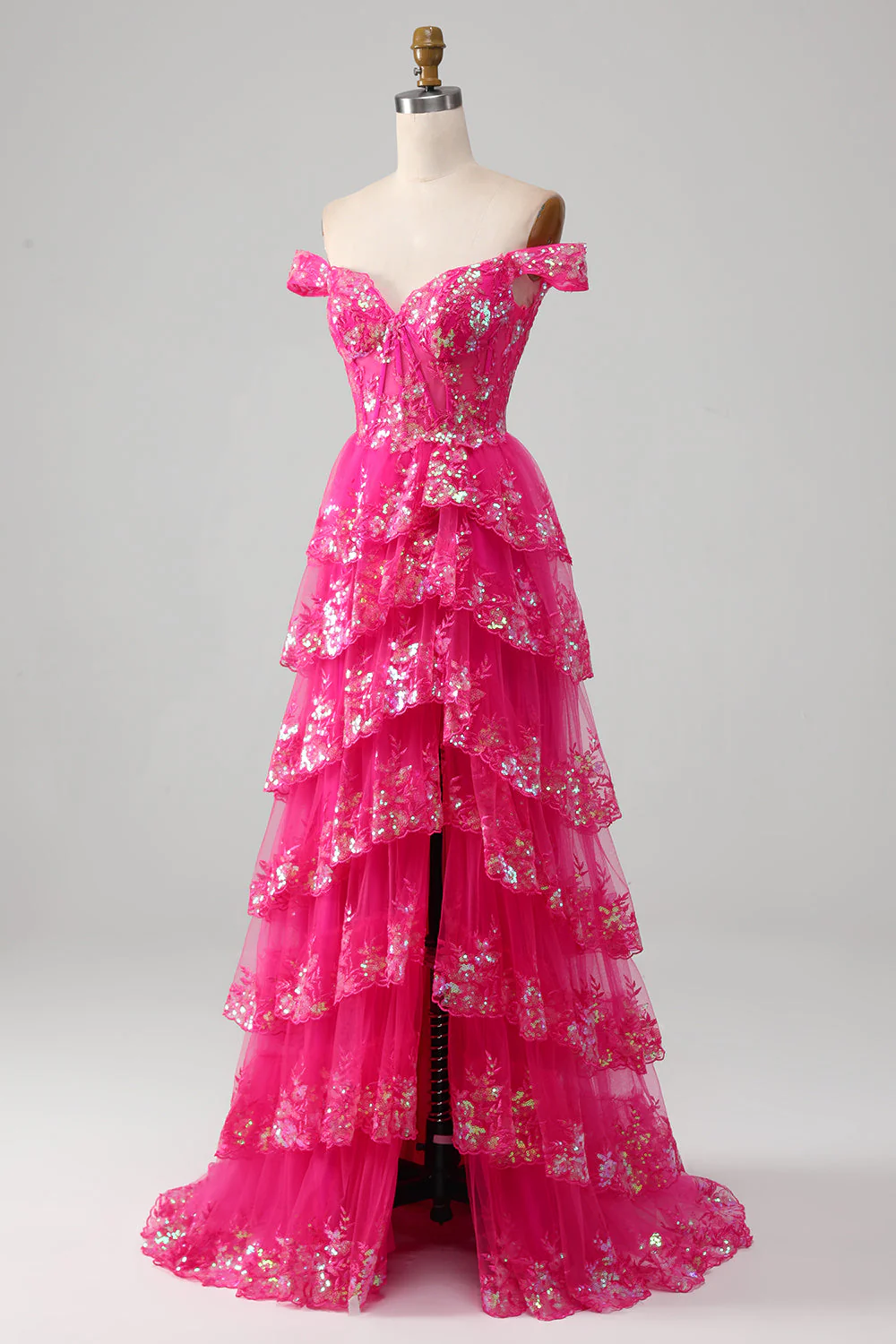 Off The Shoulder Hot Pink Prom Dress with Sequins - Image 3