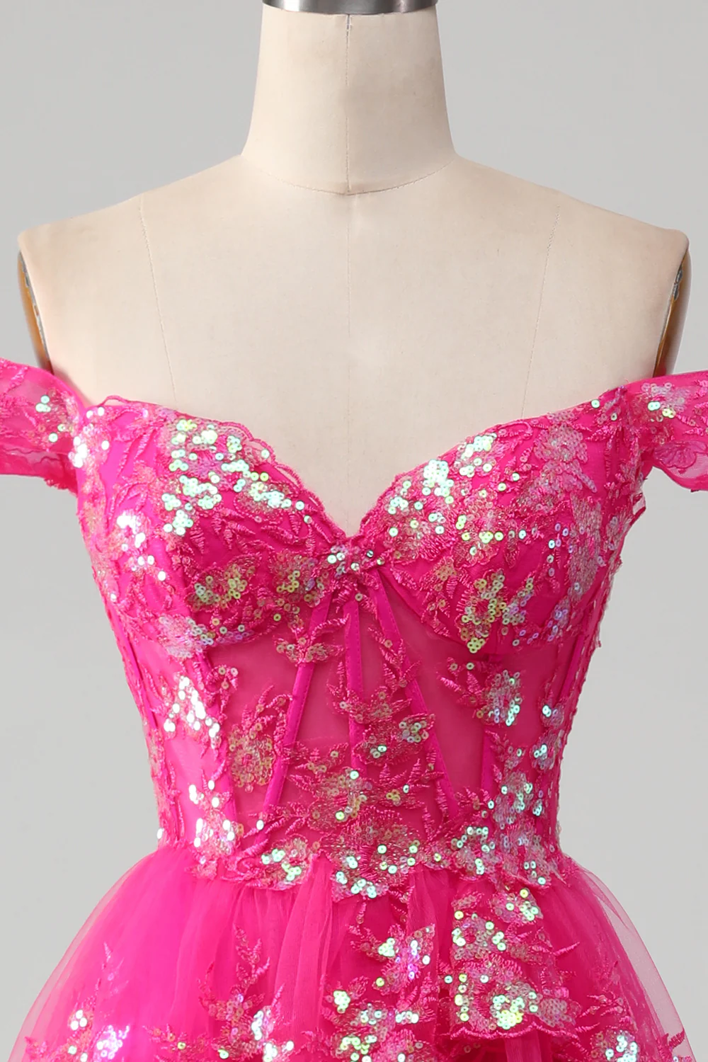Off The Shoulder Hot Pink Prom Dress with Sequins - Image 4