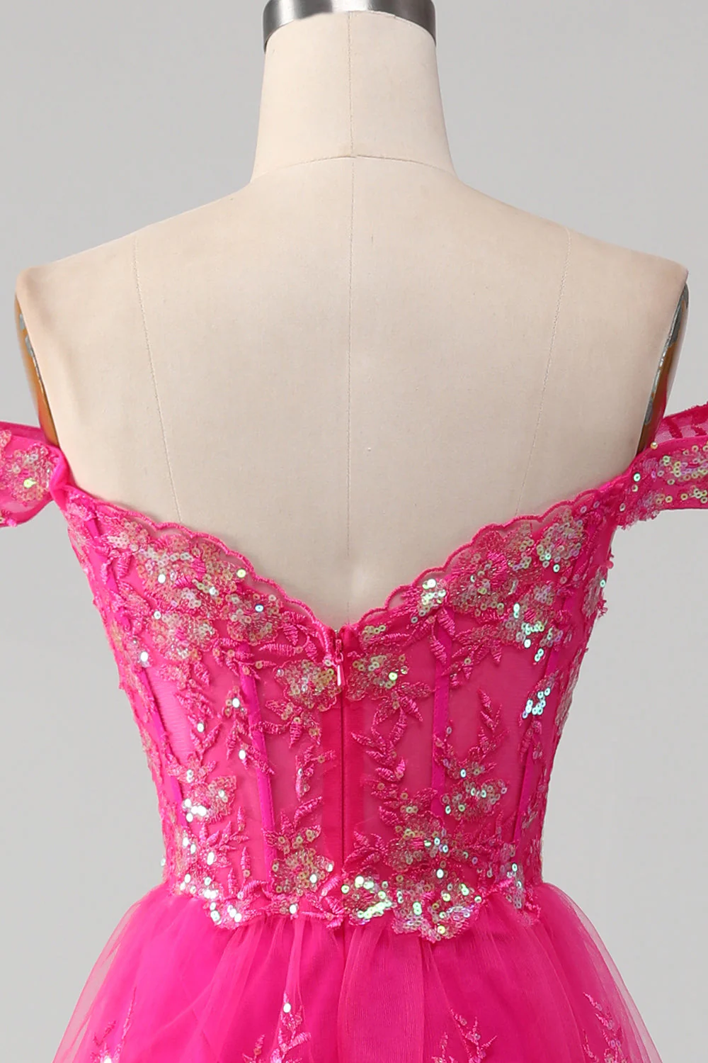 Off The Shoulder Hot Pink Prom Dress with Sequins - Image 5