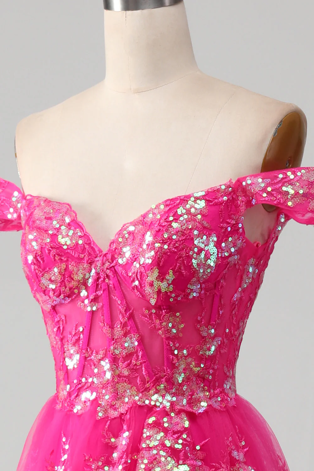 Off The Shoulder Hot Pink Prom Dress with Sequins - Image 6