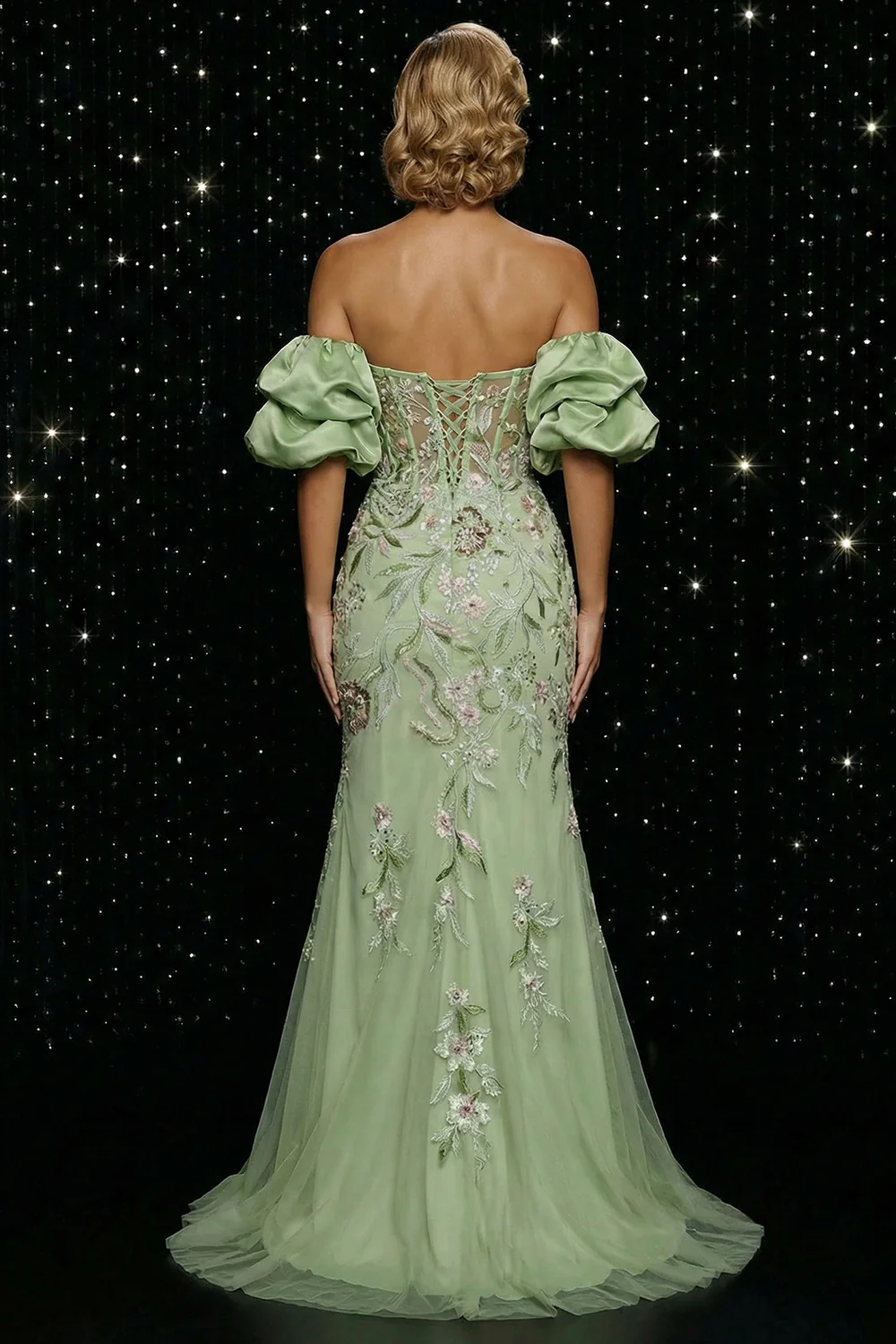 Off The Shoulder Green Embroidered Mermaid Corset Sequin Evening Dress with Slit - Image 2