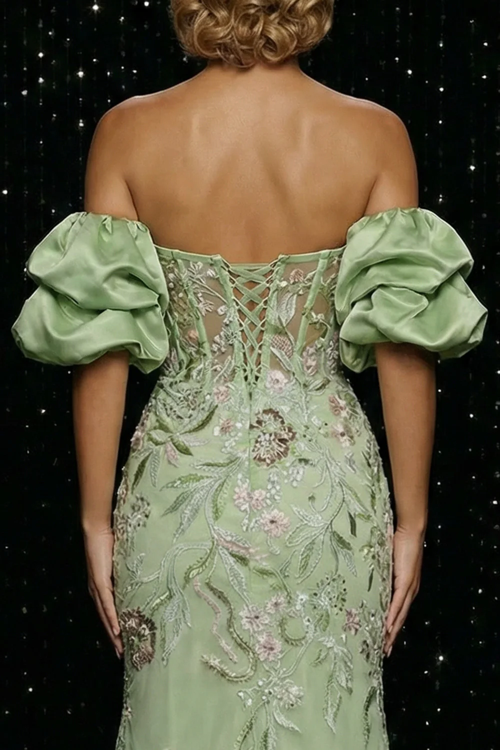 Off The Shoulder Green Embroidered Mermaid Corset Sequin Evening Dress with Slit - Image 6