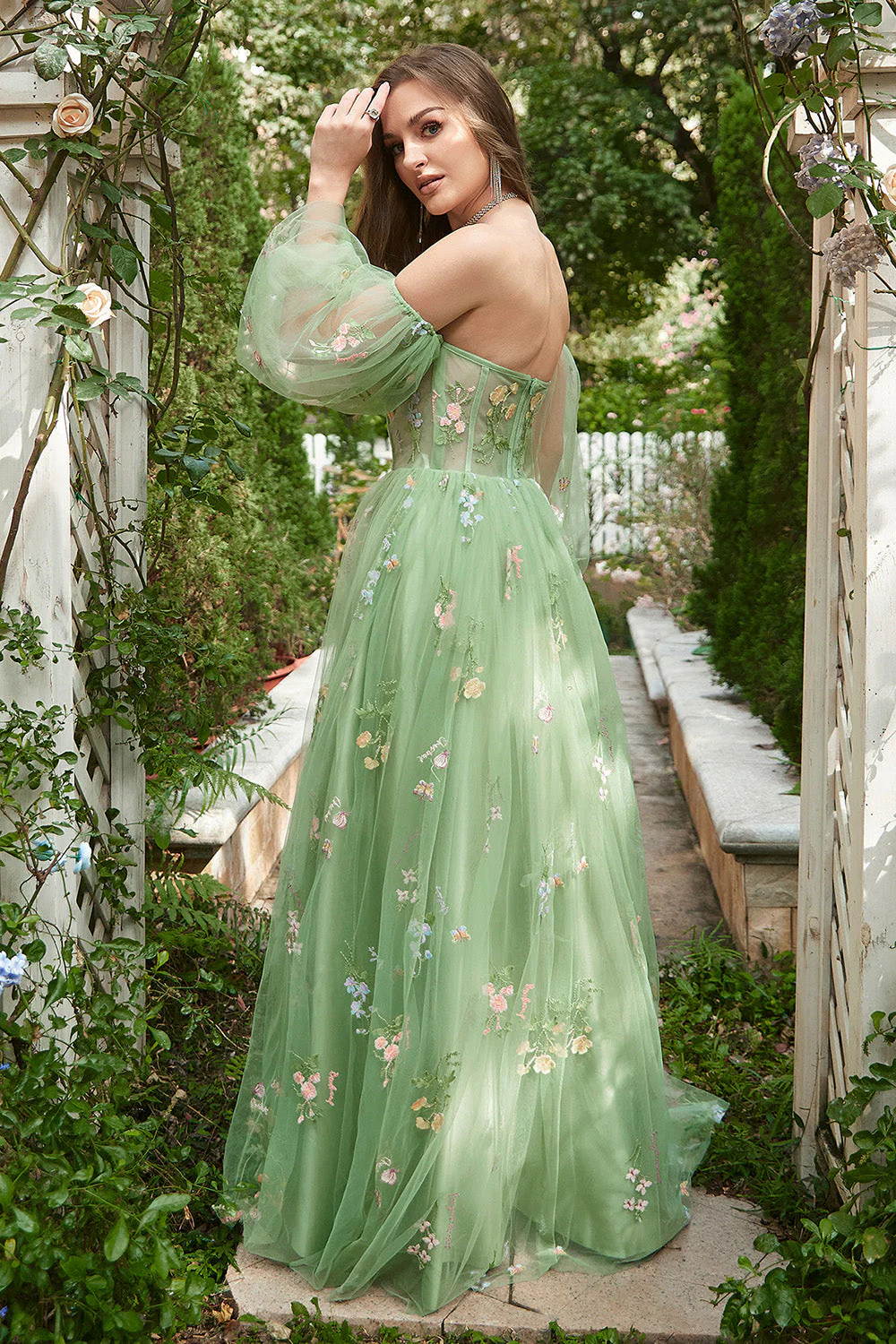 Off The Shoulder Green Long Sleeves A-Line Prom Dress - Image 4