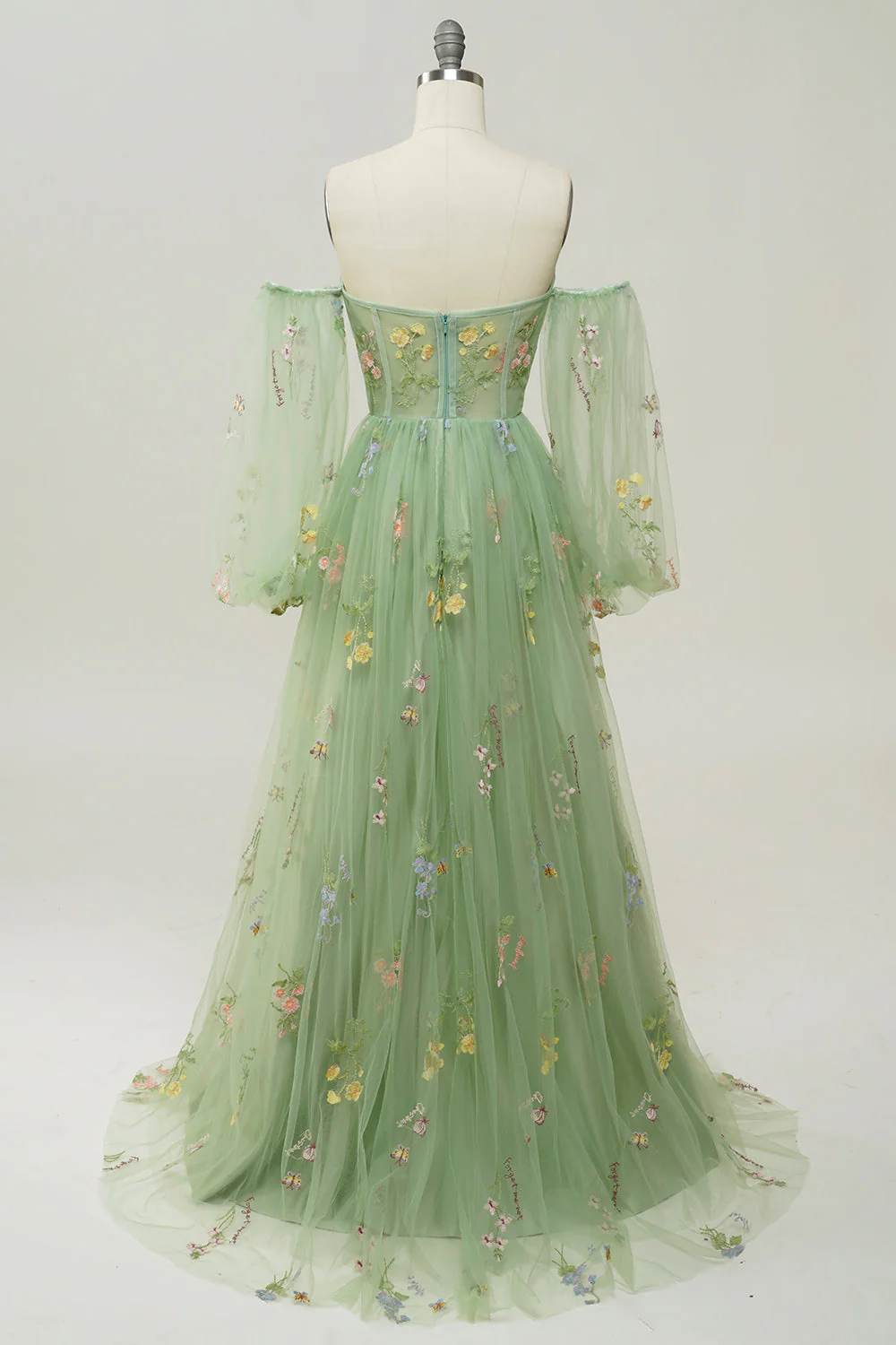 Off The Shoulder Green Long Sleeves A-Line Prom Dress - Image 8