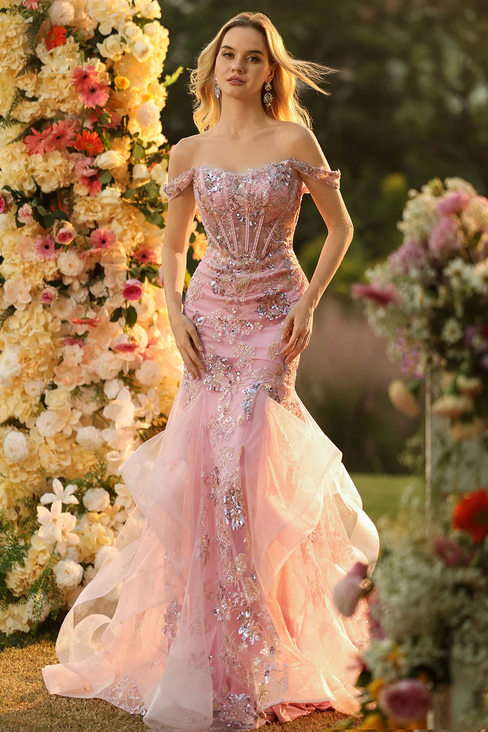 Off the Shoulder Green Mermaid Beaded Appliqued Corset Long Prom Dress with Ruffles - Image 11