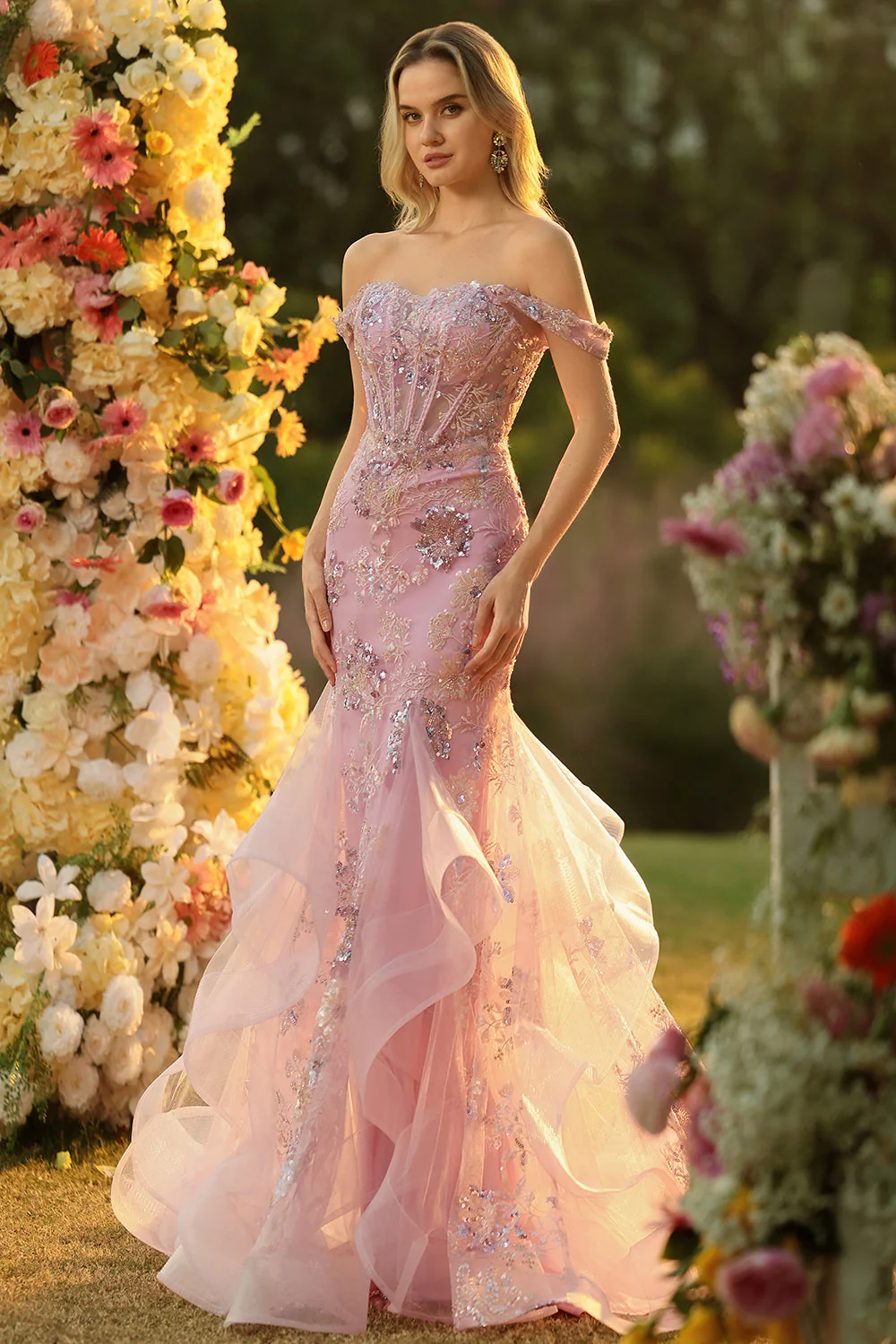 Off the Shoulder Green Mermaid Beaded Appliqued Corset Long Prom Dress with Ruffles - Image 12