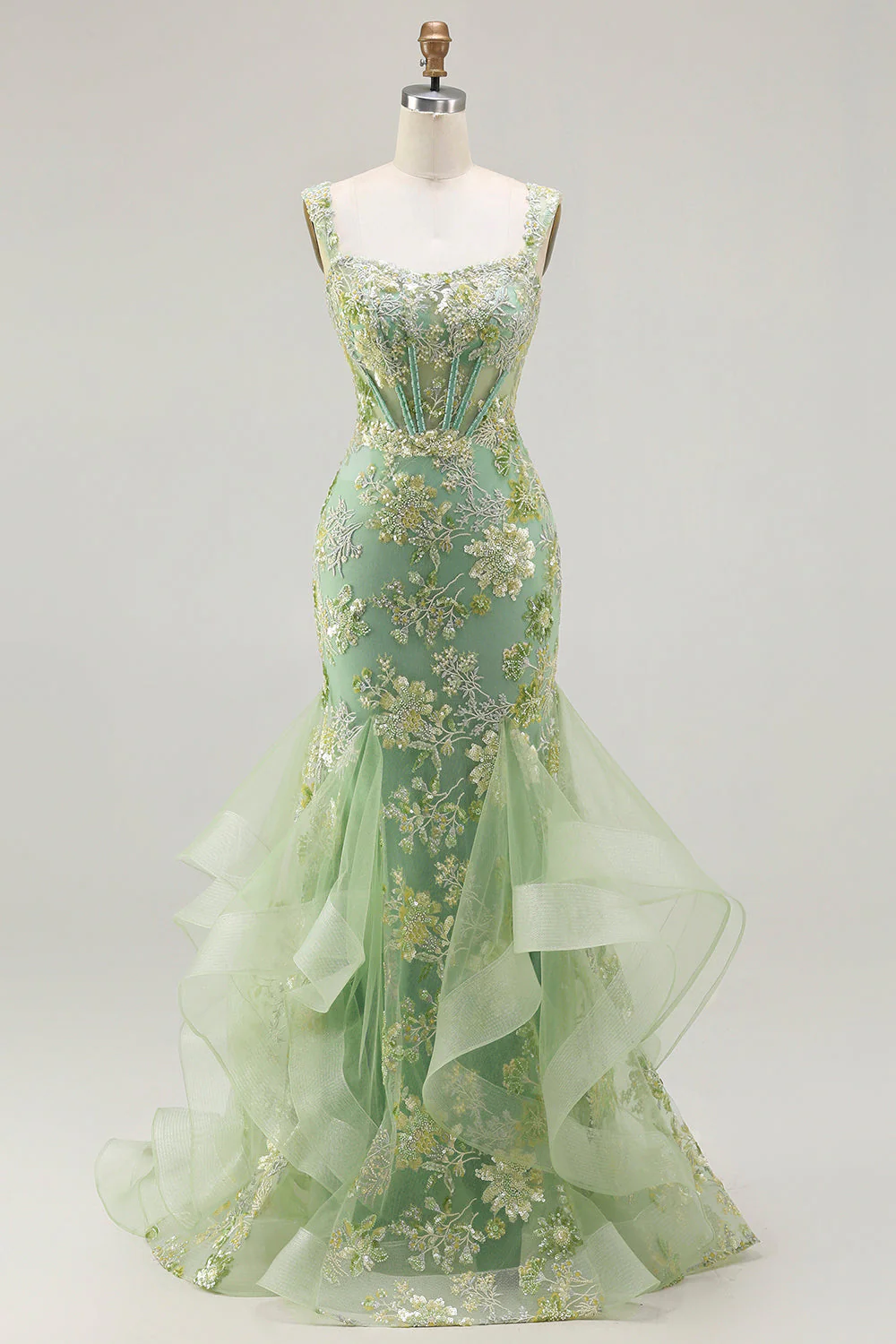 Off the Shoulder Green Mermaid Beaded Appliqued Corset Long Prom Dress with Ruffles - Image 4
