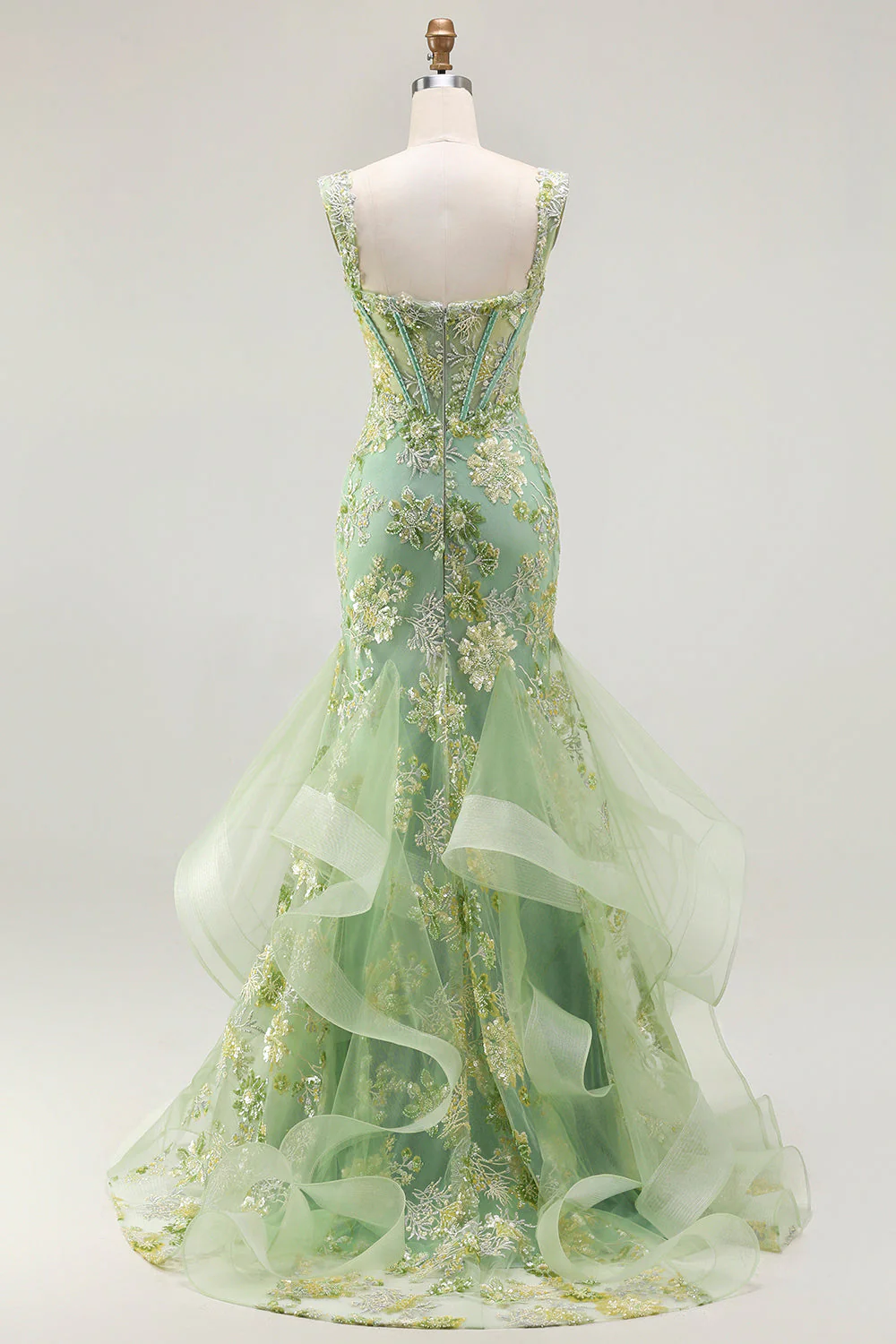 Off the Shoulder Green Mermaid Beaded Appliqued Corset Long Prom Dress with Ruffles - Image 5