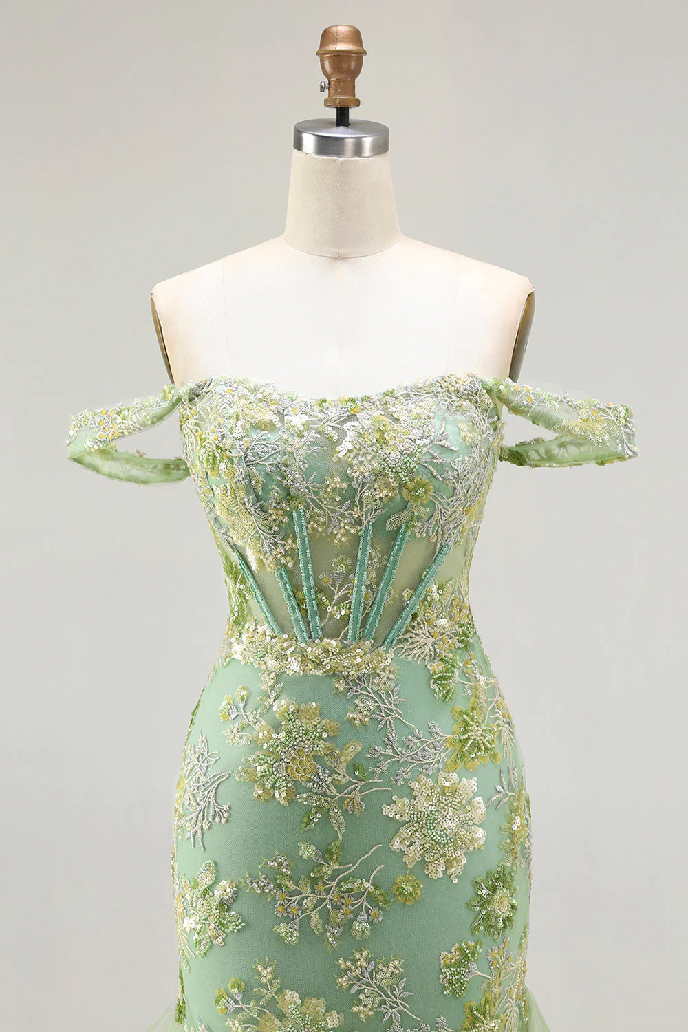 Off the Shoulder Green Mermaid Beaded Appliqued Corset Long Prom Dress with Ruffles - Image 6