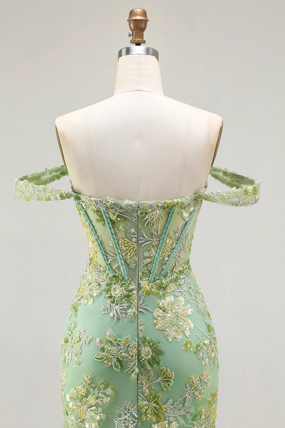 Off the Shoulder Green Mermaid Beaded Appliqued Corset Long Prom Dress with Ruffles - Image 7