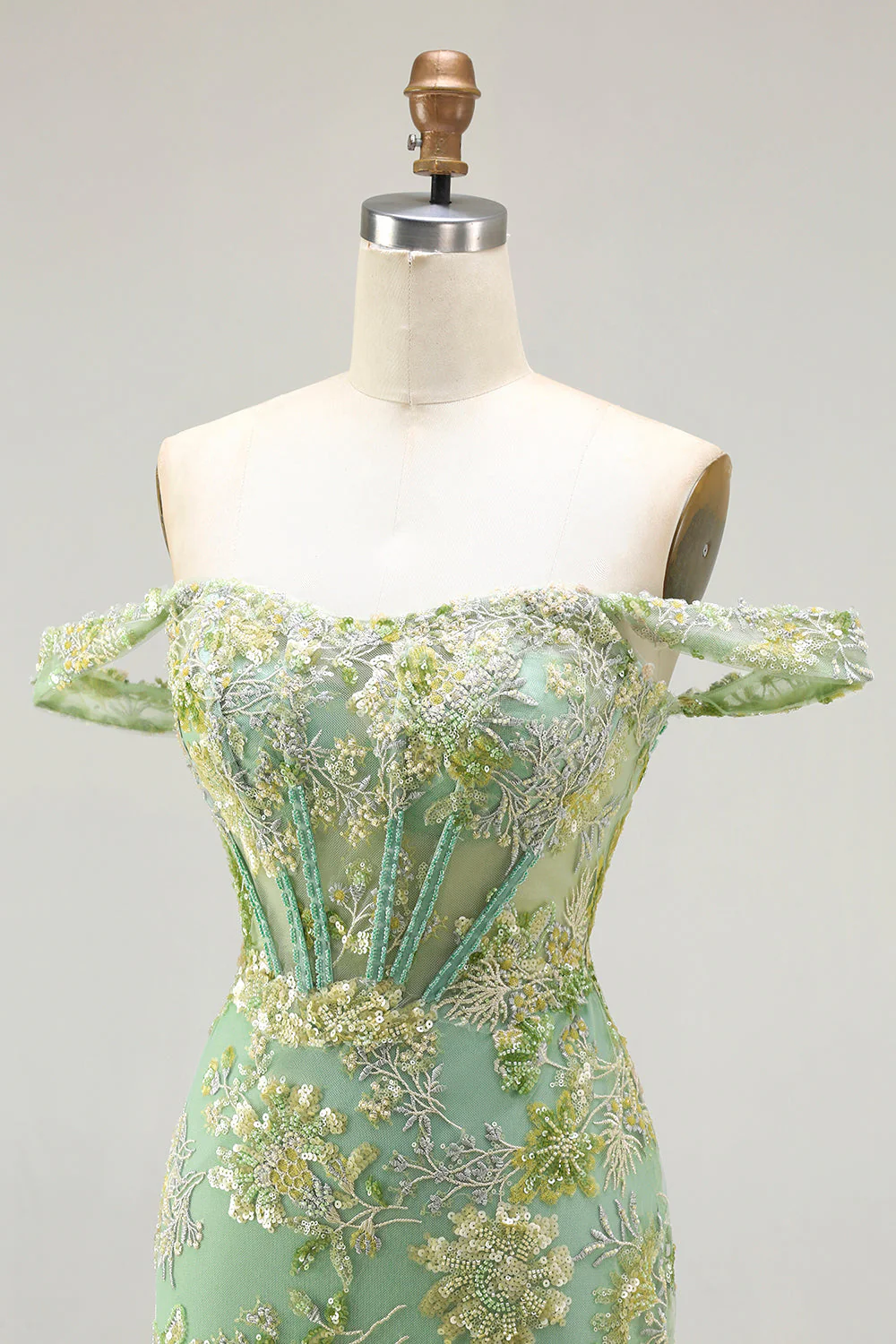 Off the Shoulder Green Mermaid Beaded Appliqued Corset Long Prom Dress with Ruffles - Image 8
