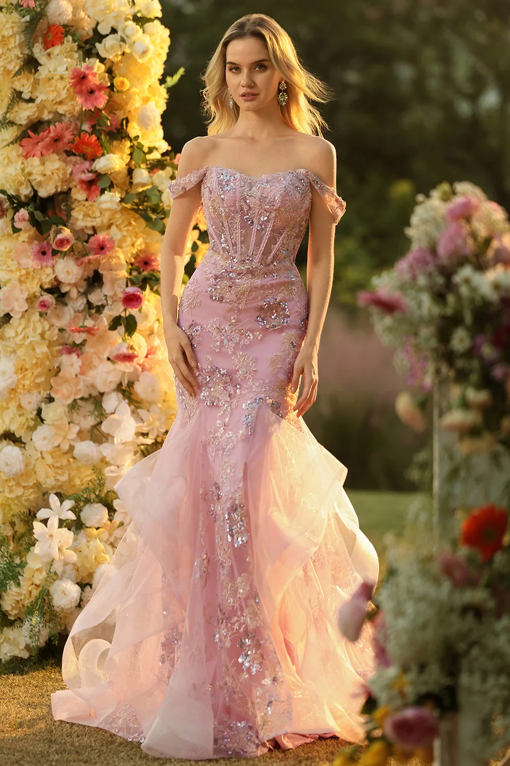 Off the Shoulder Green Mermaid Beaded Appliqued Corset Long Prom Dress with Ruffles - Image 9