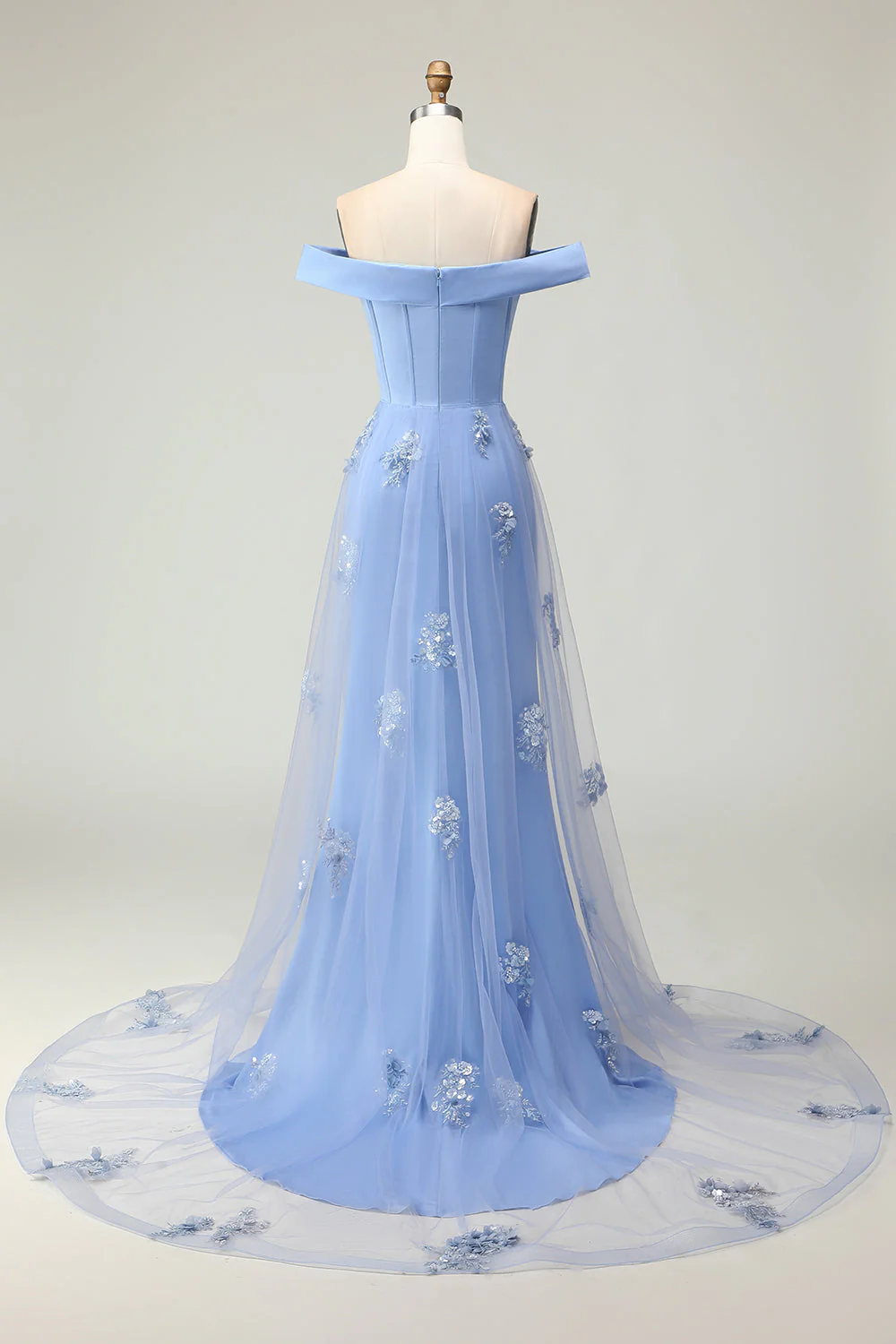 Off the Shoulder Grey Blue Mermaid Appliqued Mother of the Bride Dress with Sequins - Image 2