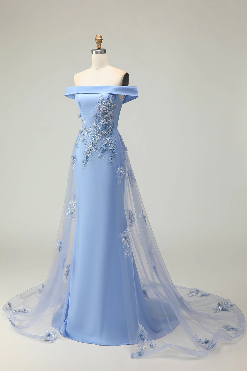 Off the Shoulder Grey Blue Mermaid Appliqued Mother of the Bride Dress with Sequins - Image 3