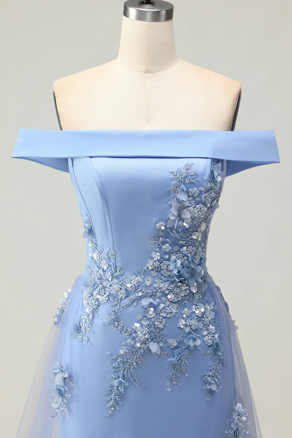 Off the Shoulder Grey Blue Mermaid Appliqued Mother of the Bride Dress with Sequins - Image 4