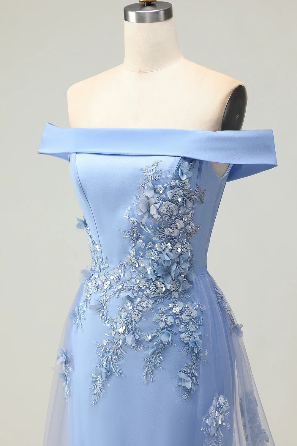 Off the Shoulder Grey Blue Mermaid Appliqued Mother of the Bride Dress with Sequins - Image 6