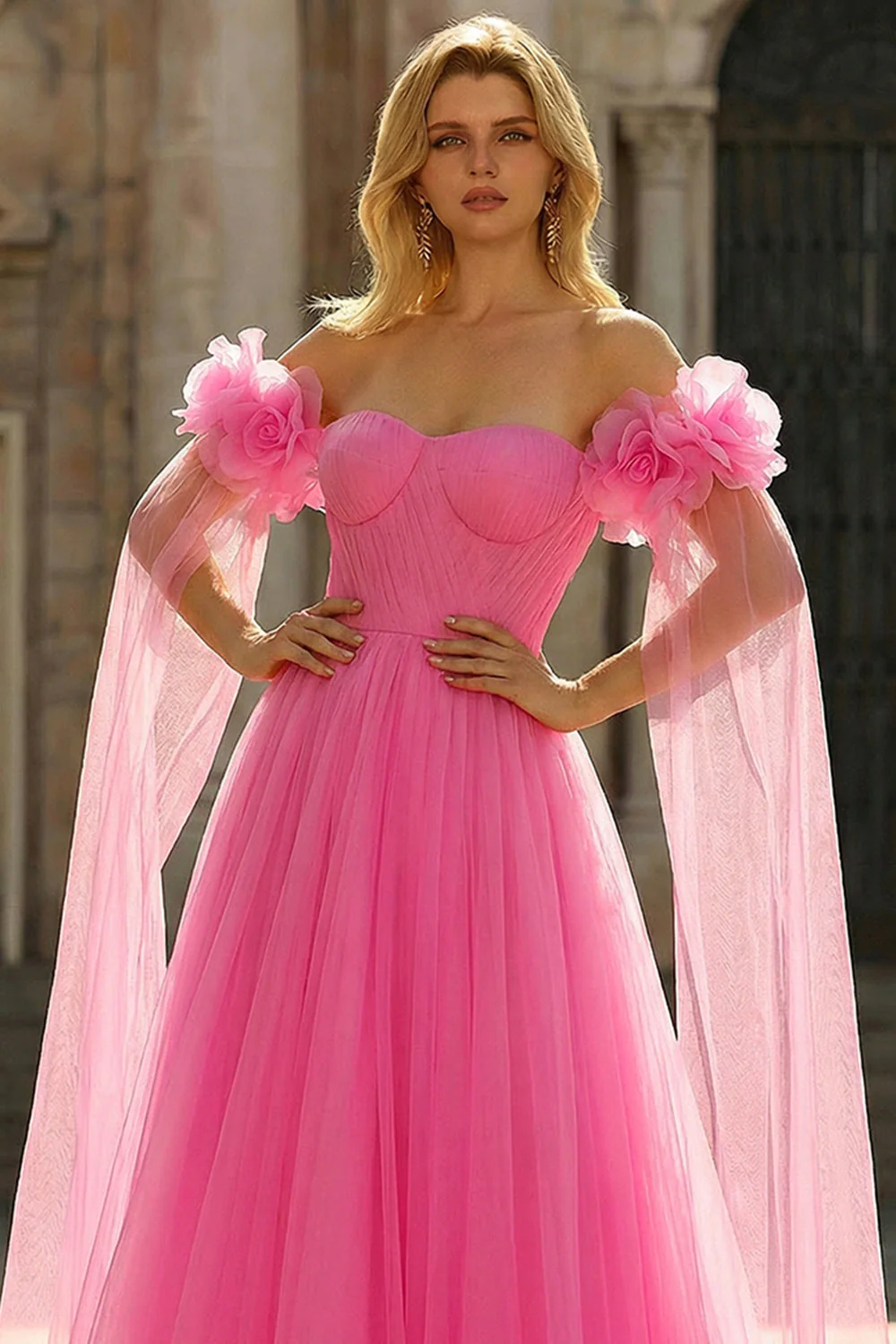Off The Shoulder Hot Pink A Line Pleated Tulle Long Prom Dress with Streamer - Image 3