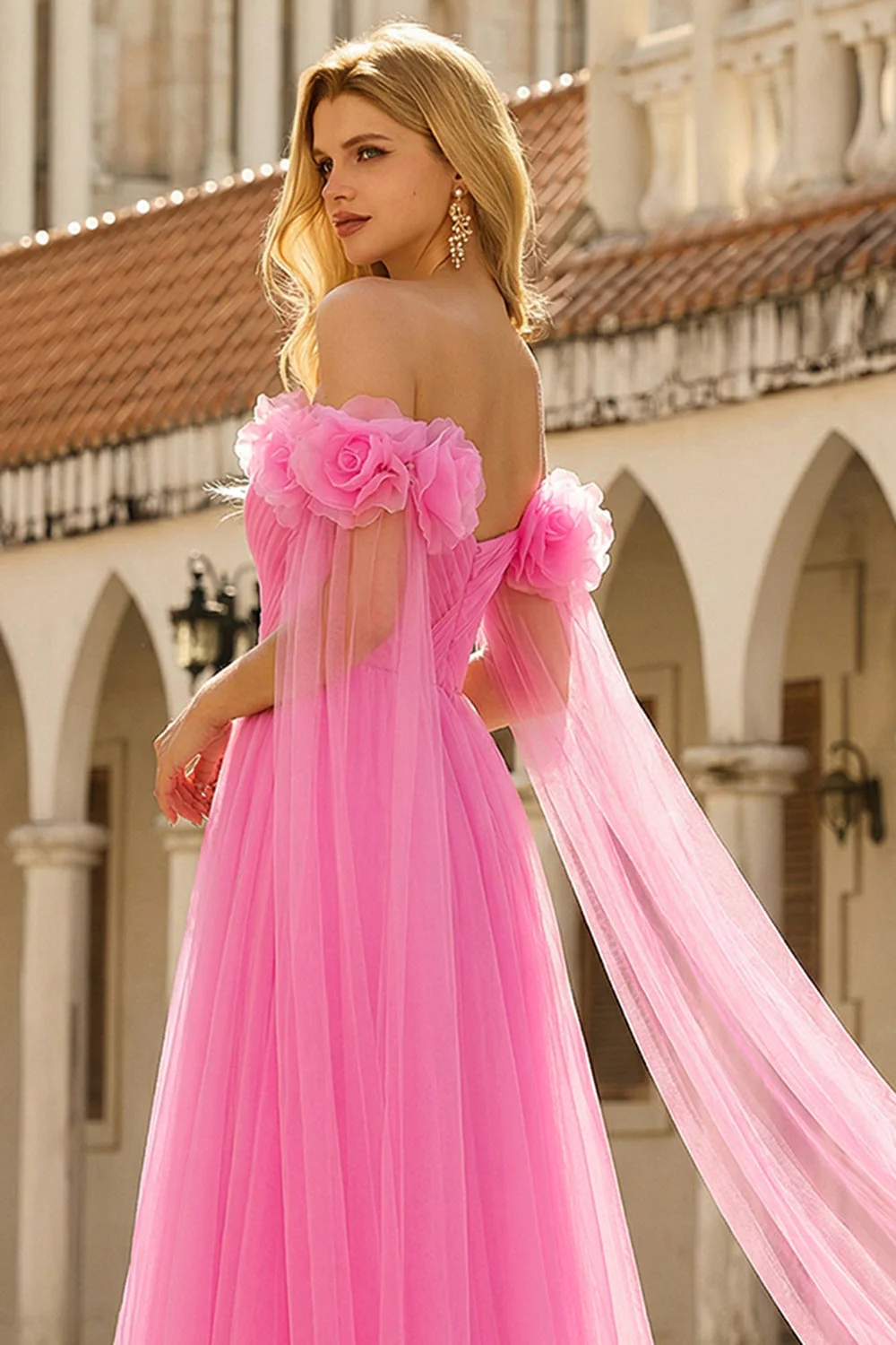 Off The Shoulder Hot Pink A Line Pleated Tulle Long Prom Dress with Streamer - Image 4