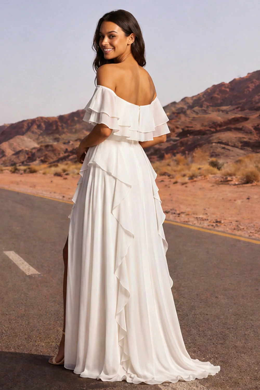 Off The Shoulder Ivory A Line Ruffled Boho Wedding Dress with Slit - Image 2