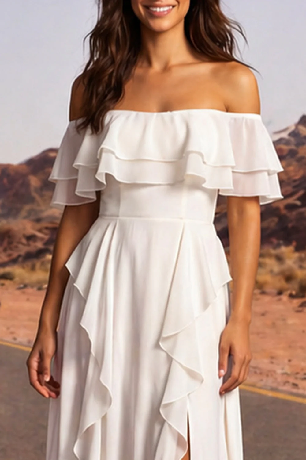 Off The Shoulder Ivory A Line Ruffled Boho Wedding Dress with Slit - Image 3