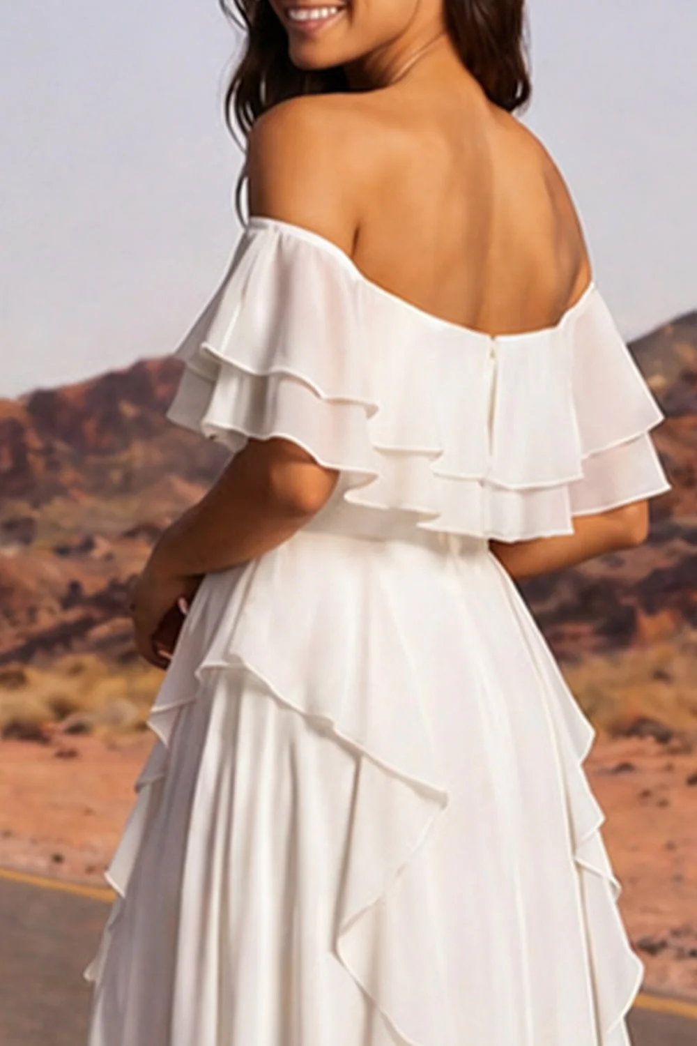 Off The Shoulder Ivory A Line Ruffled Boho Wedding Dress with Slit - Image 4