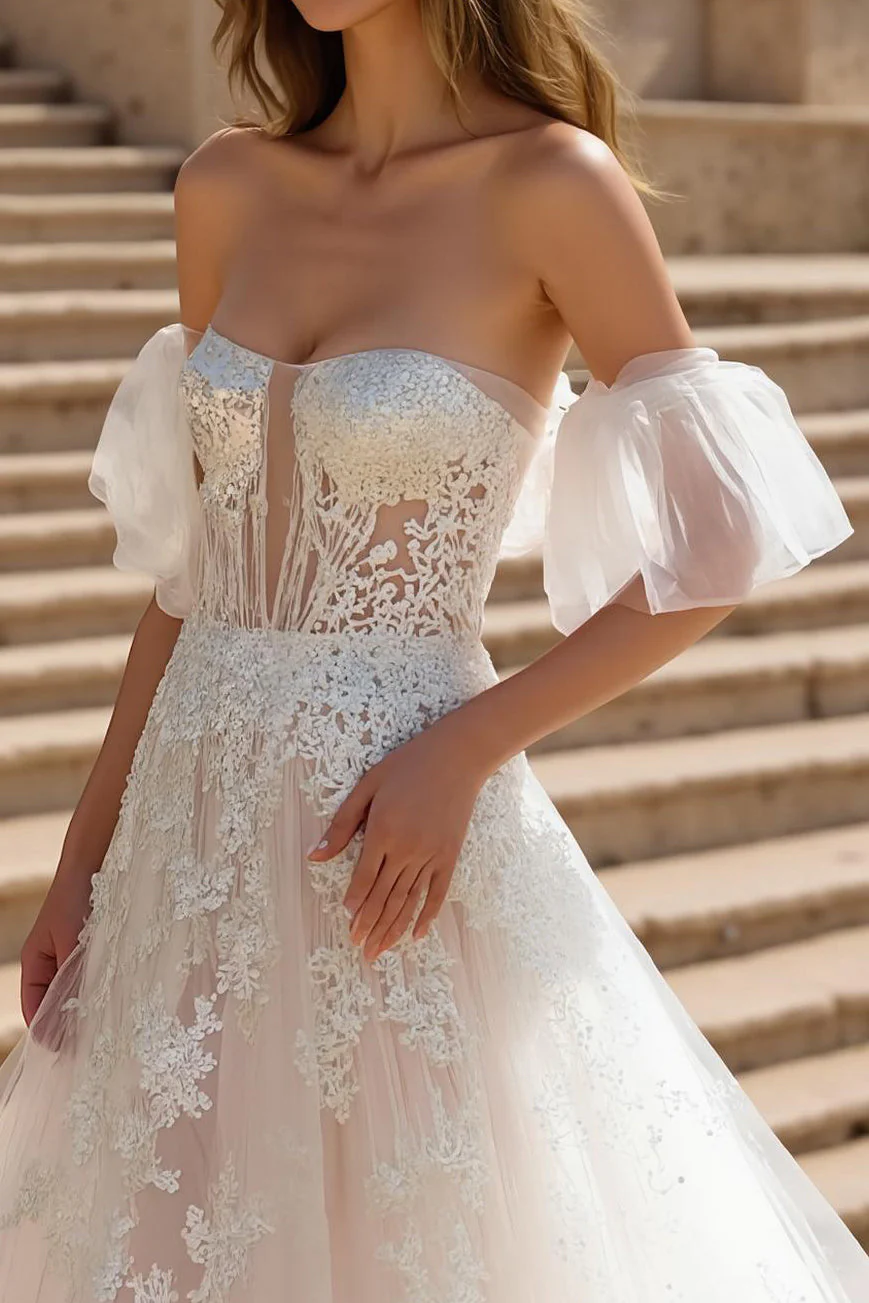 Off The Shoulder Ivory Appliqued Sweep Train Wedding Dress - Image 2