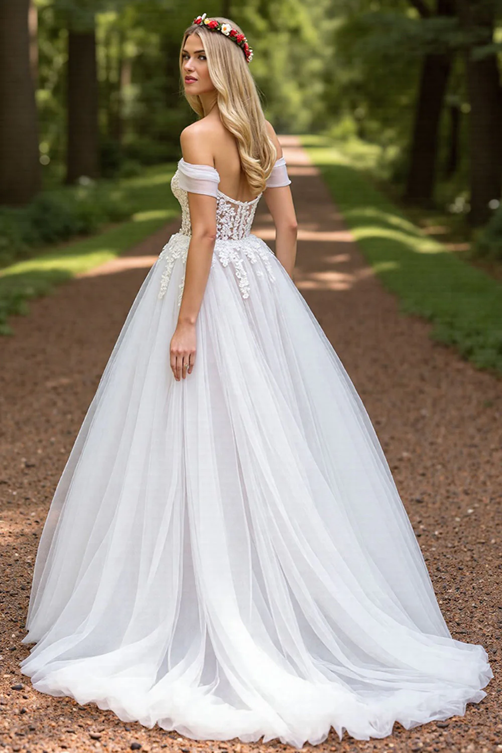 Off The Shoulder Ivory Corset A Line Appliqued Wedding Dress - Image 2