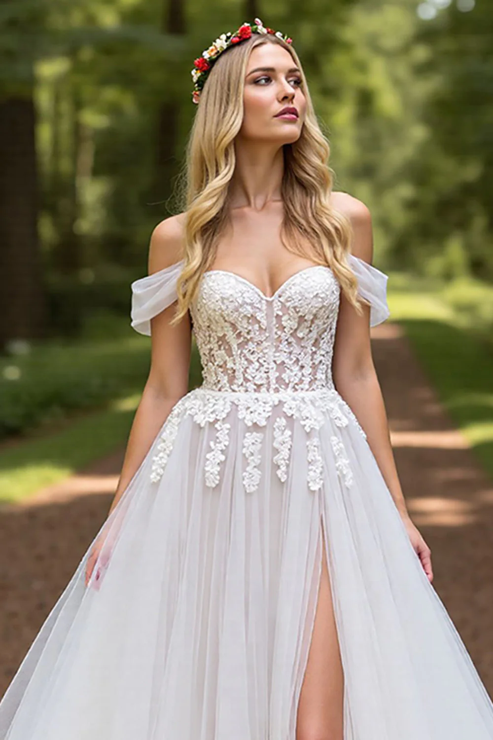 Off The Shoulder Ivory Corset A Line Appliqued Wedding Dress - Image 3