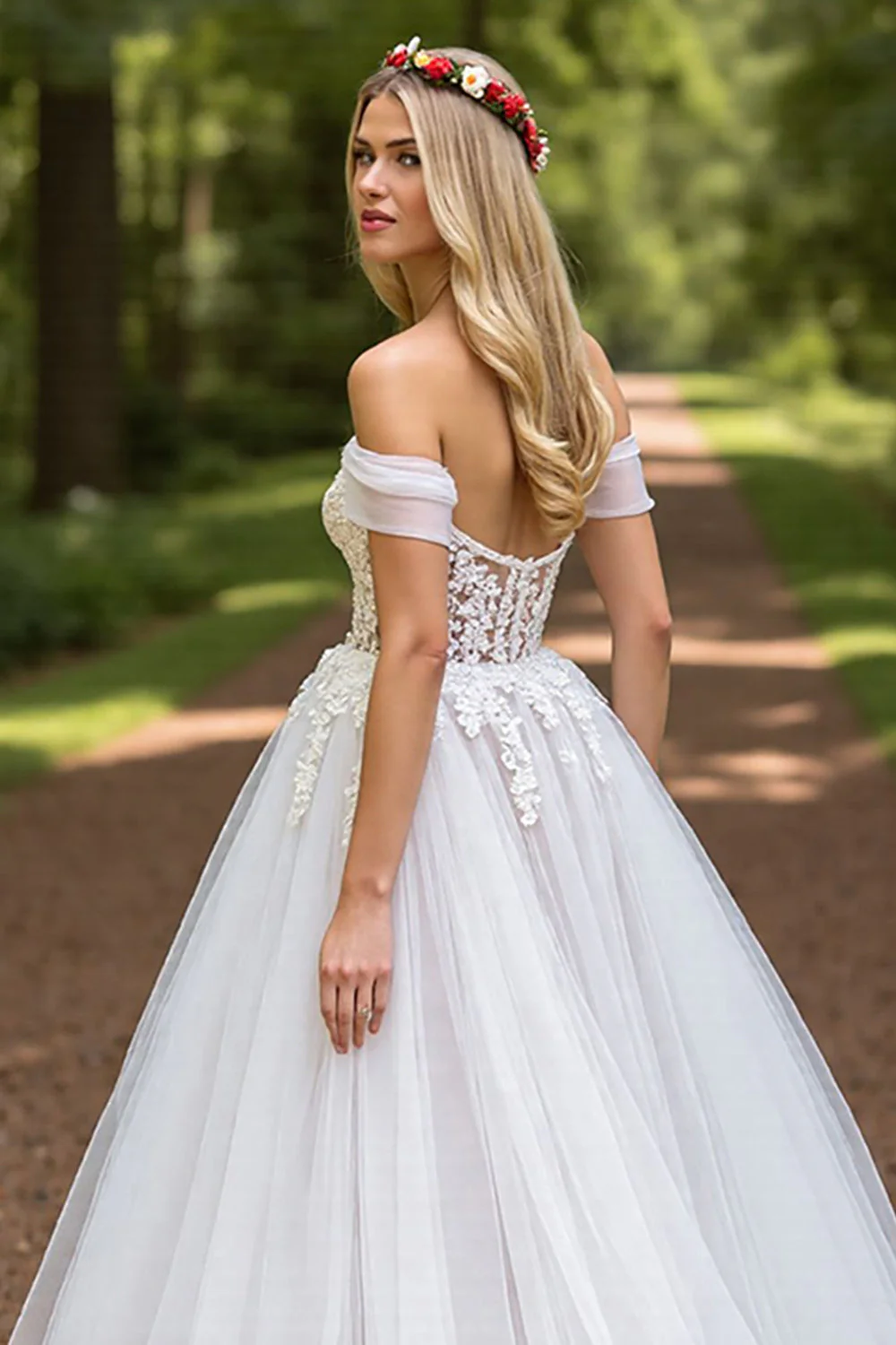 Off The Shoulder Ivory Corset A Line Appliqued Wedding Dress - Image 4