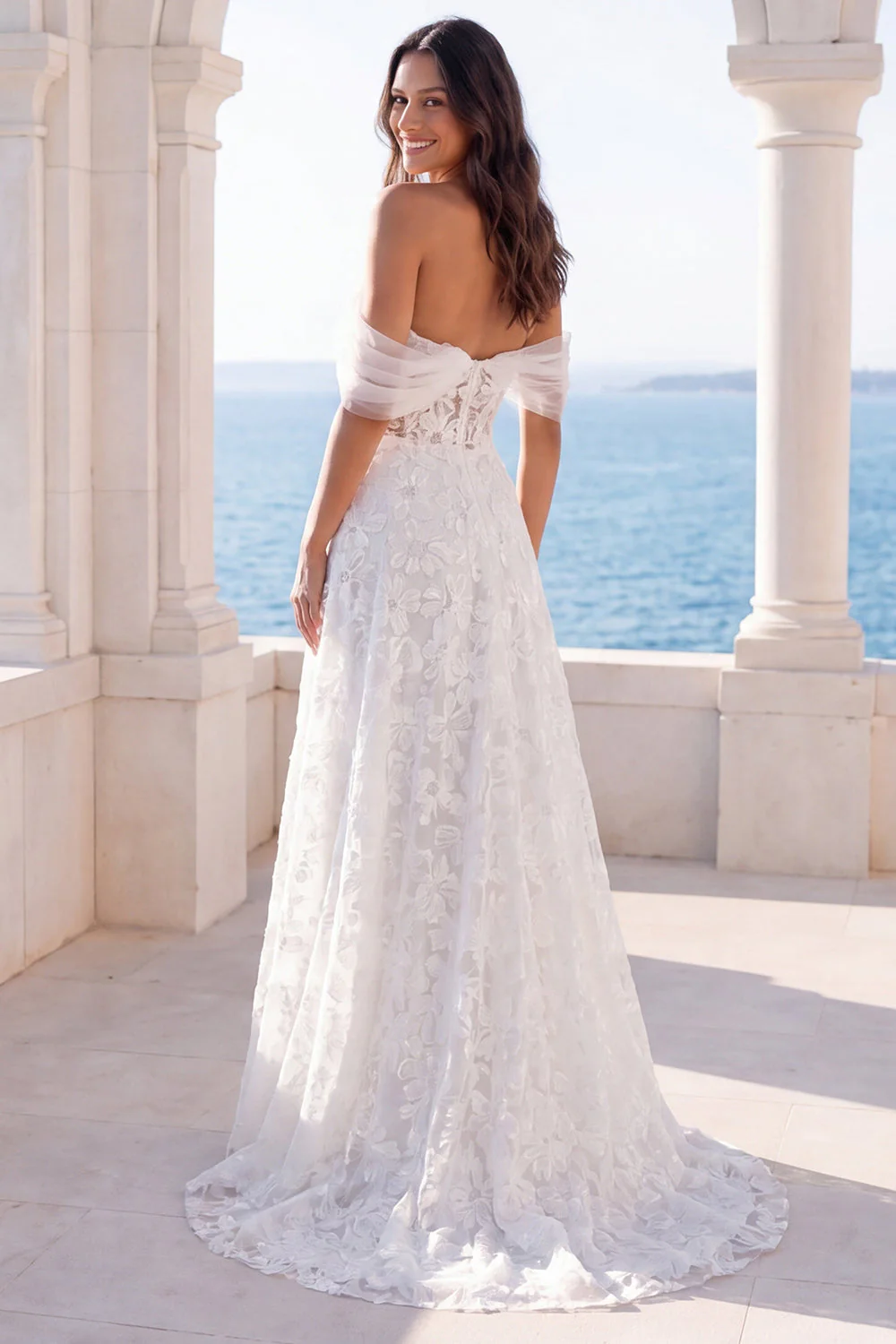 Off the Shoulder Ivory Embroidered Corset A Line Wedding Dress - Image 2