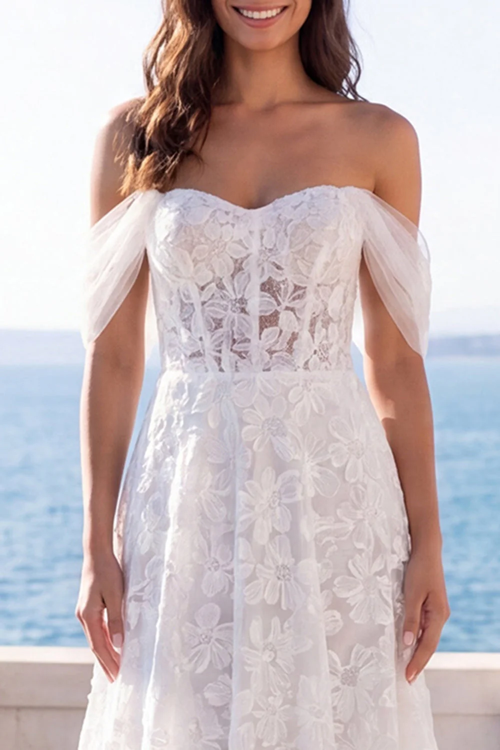 Off the Shoulder Ivory Embroidered Corset A Line Wedding Dress - Image 3