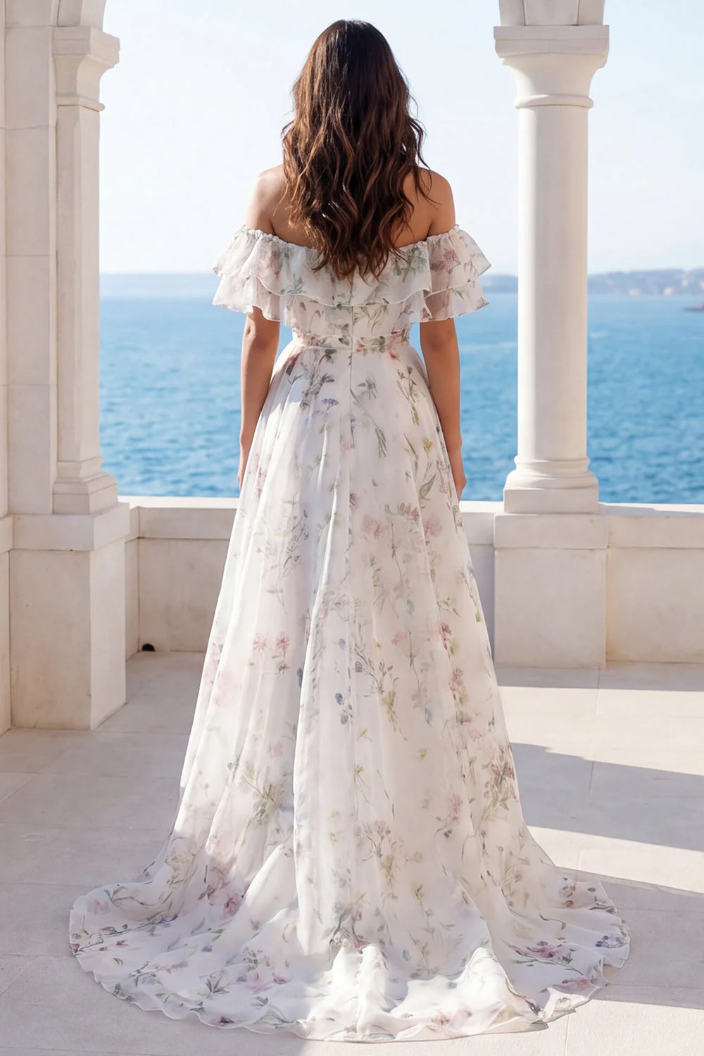 Off the Shoulder Ivory Floral A Line Ruffled Wedding Dress - Image 2
