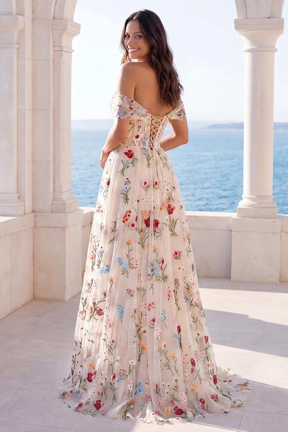Off the Shoulder Ivory Corset A Line Floral Wedding Dress - Image 2