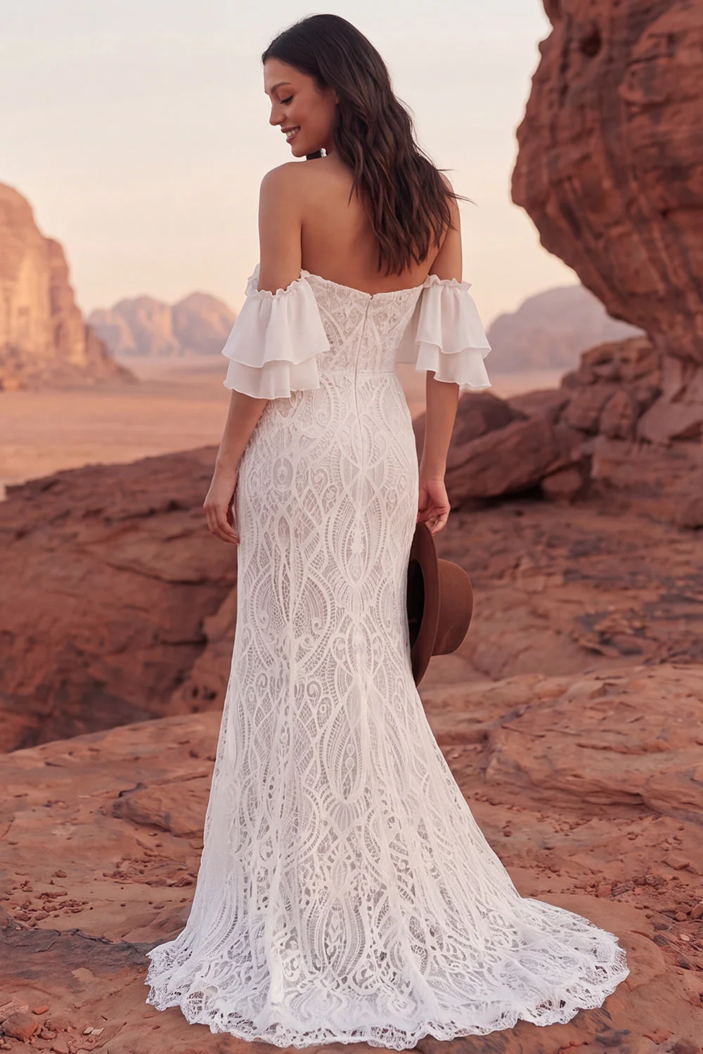 Off The Shoulder Ivory Lace Mermaid Ruffled Boho Wedding Dress - Image 2