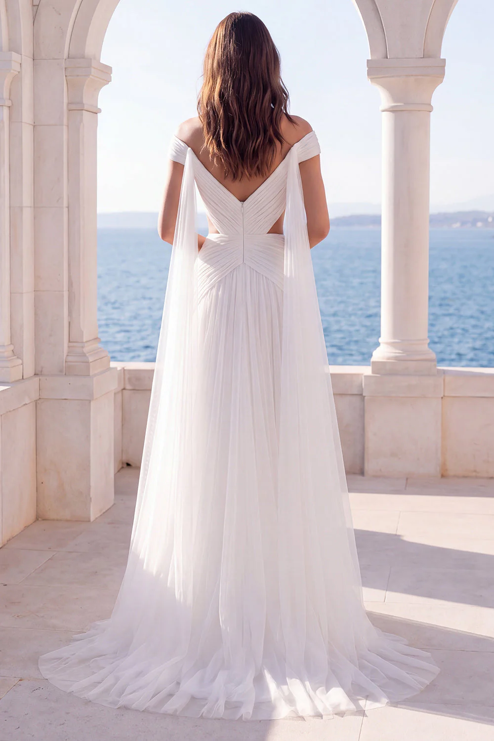 Off the Shoulder Ivory Ruched Cut Out Long Wedding Dress with Streamer - Image 2