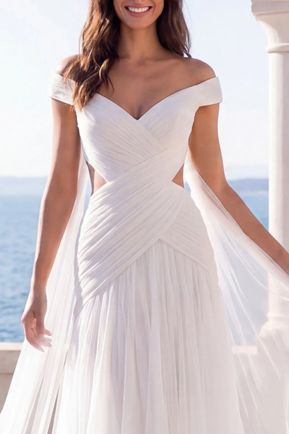 Off the Shoulder Ivory Ruched Cut Out Long Wedding Dress with Streamer - Image 3