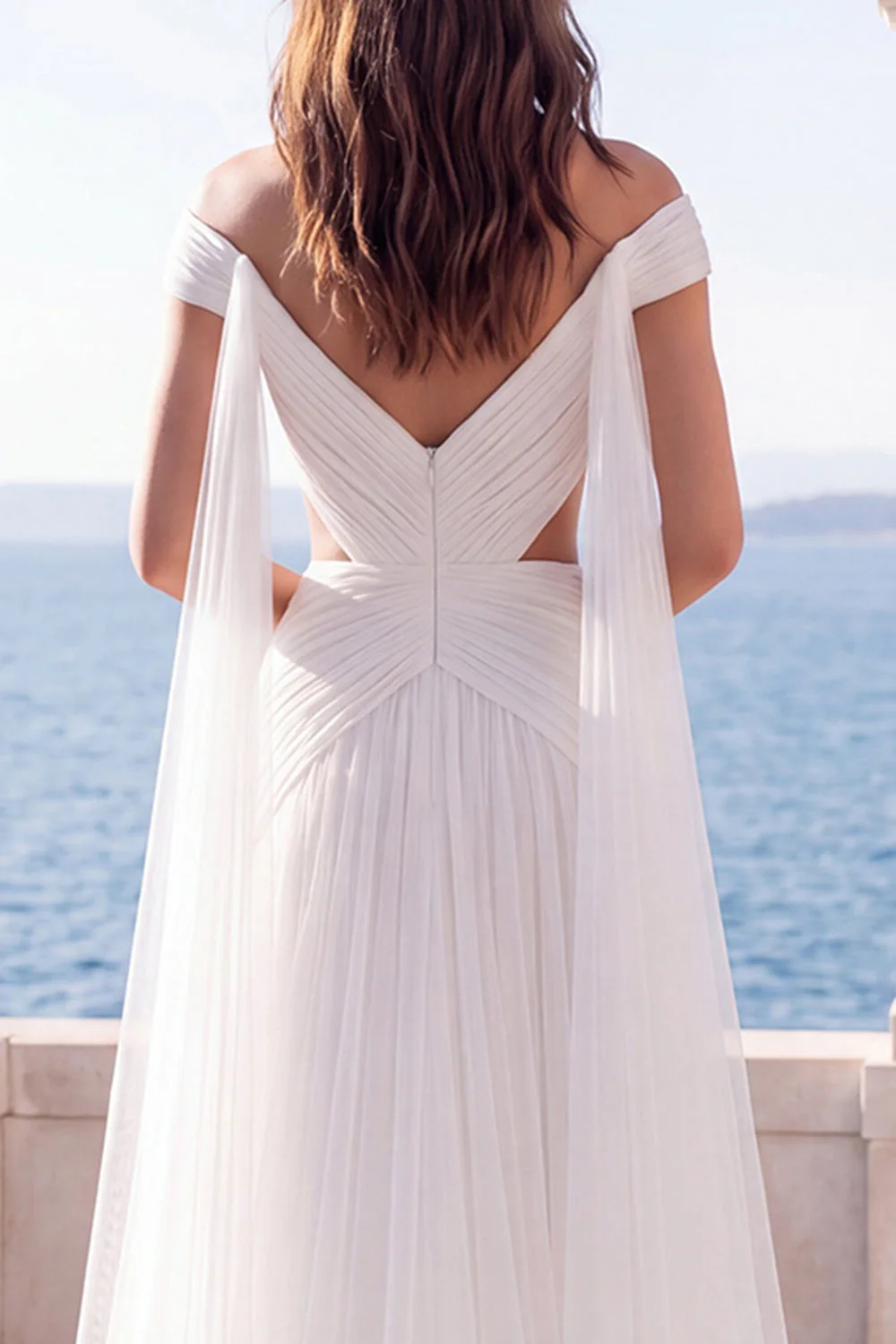 Off the Shoulder Ivory Ruched Cut Out Long Wedding Dress with Streamer - Image 4