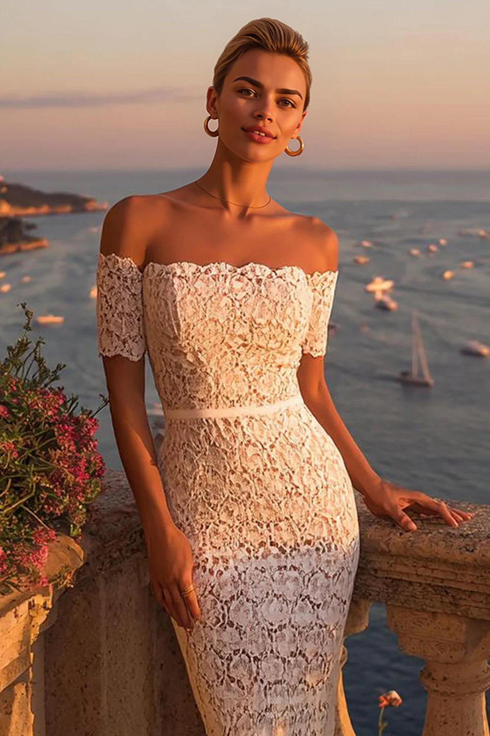 Off The Shoulder Lace Ivory Midi Rehearsal Dinner Dress - Image 3