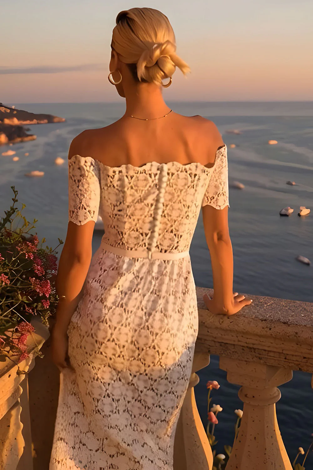Off The Shoulder Lace Ivory Midi Rehearsal Dinner Dress - Image 4