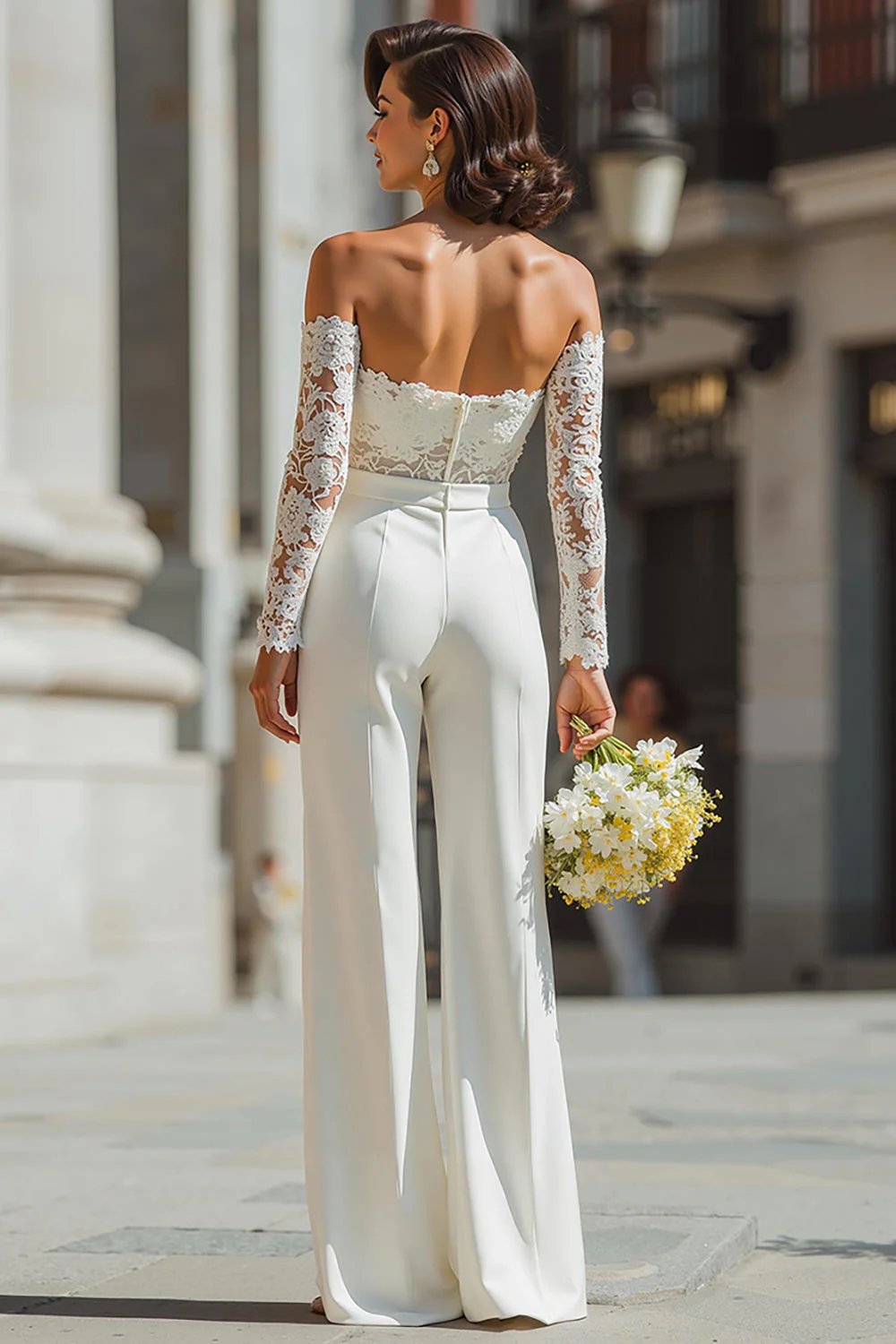 Off The Shoulder Lace White Wedding Jumpsuits - Image 2