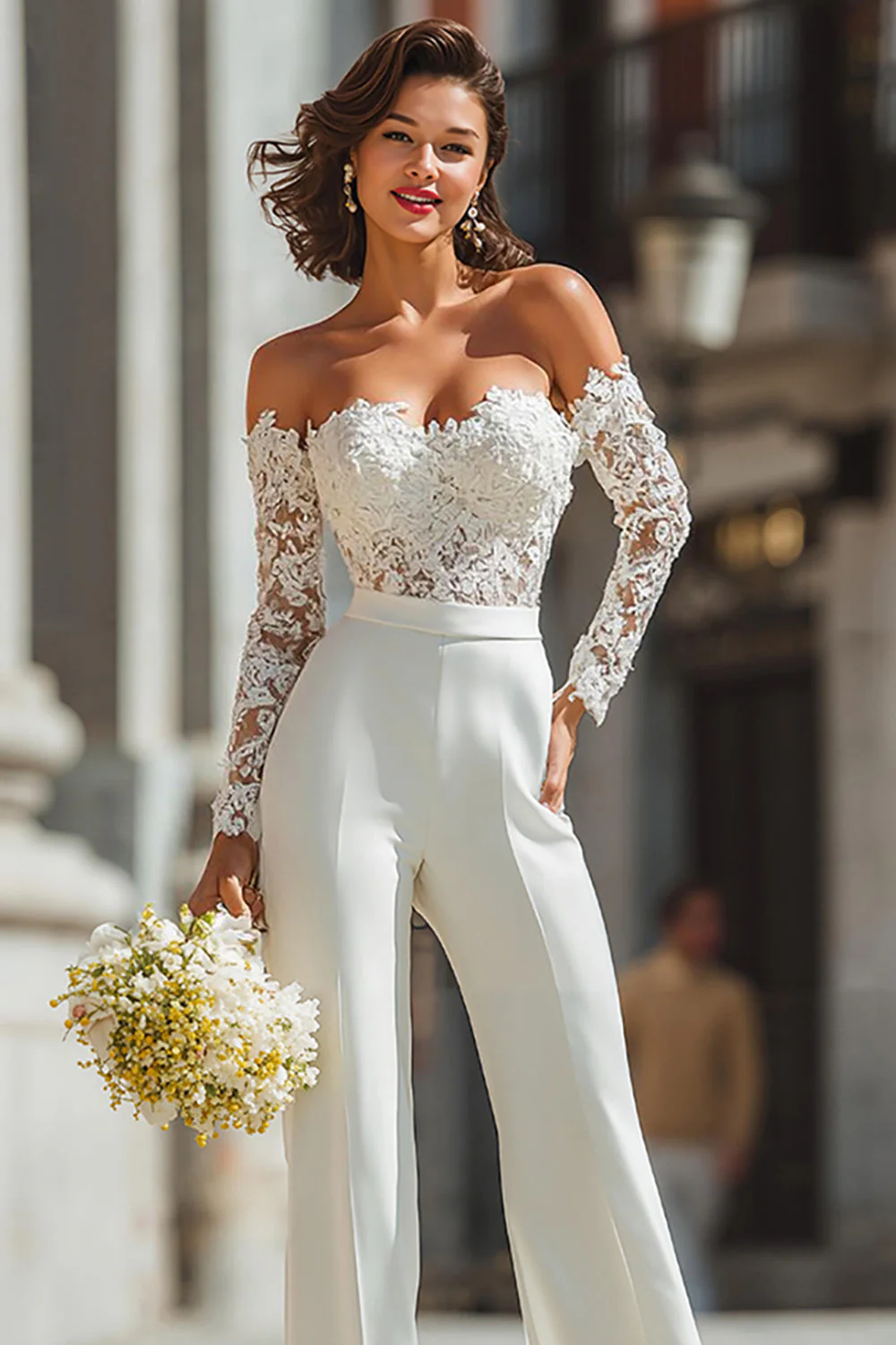 Off The Shoulder Lace White Wedding Jumpsuits - Image 3