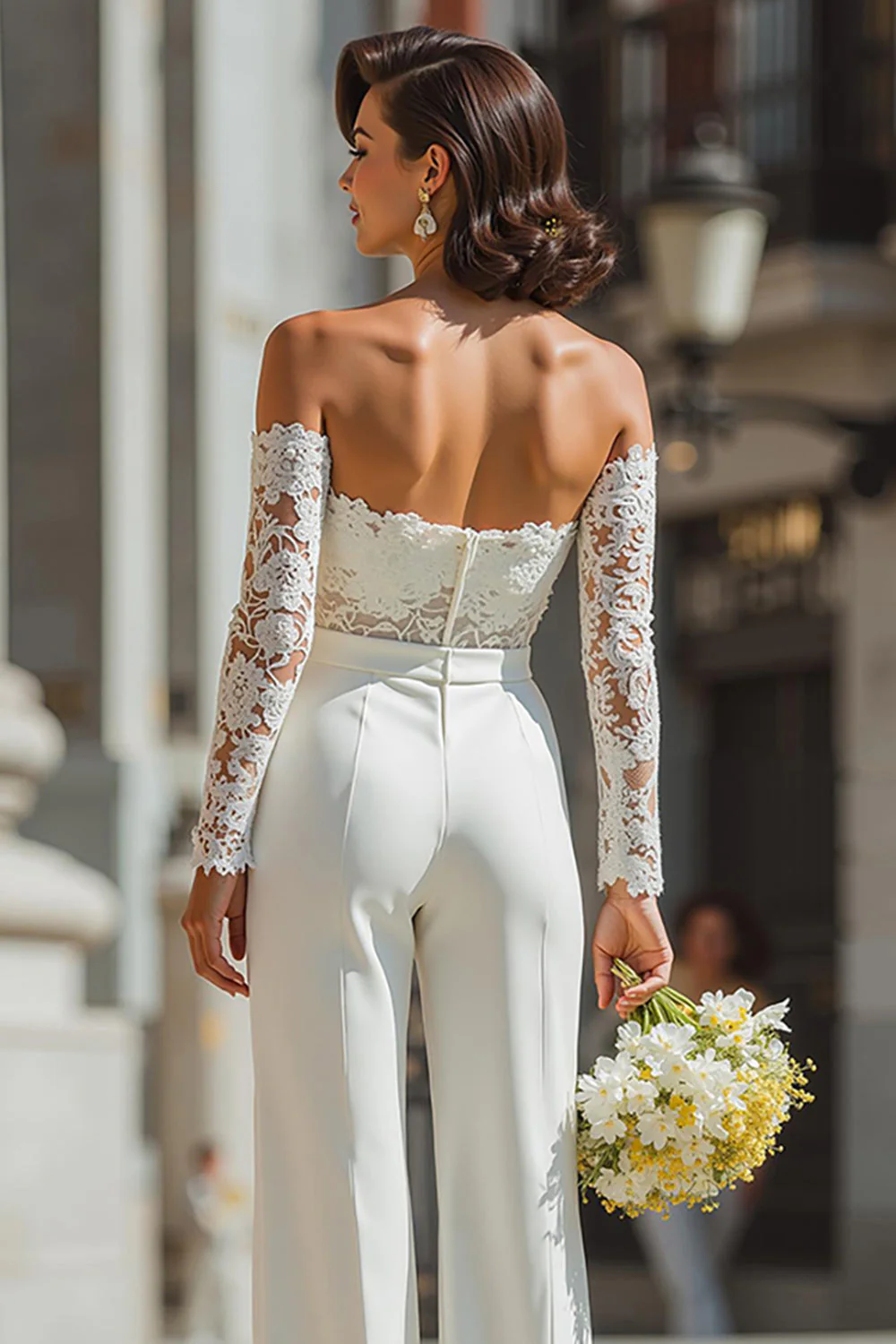 Off The Shoulder Lace White Wedding Jumpsuits - Image 4