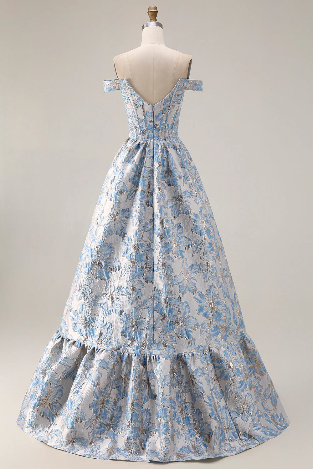 Off The Shoulder Light Blue A-Line Jacquard Convertible Long Prom Dress - Image 2